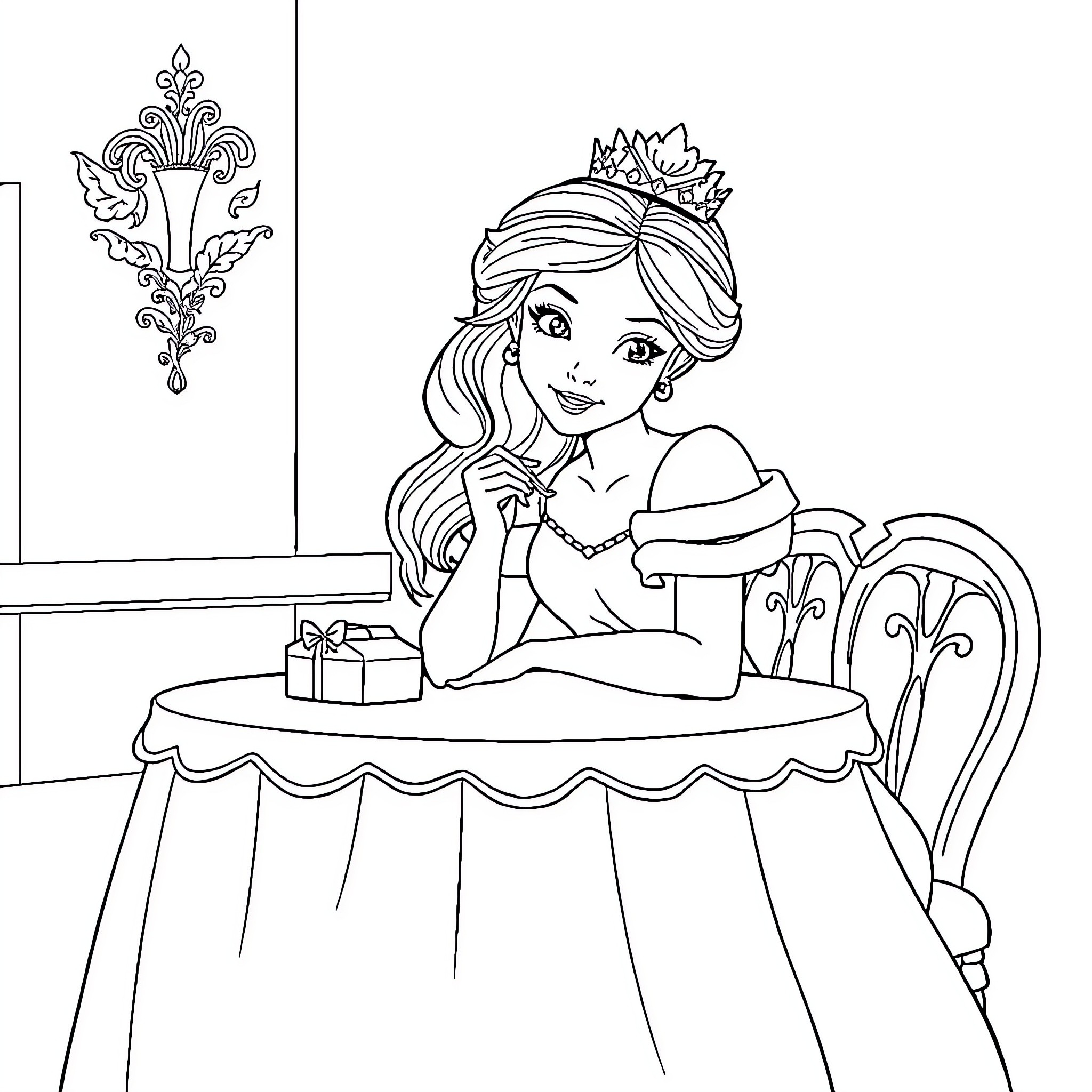 Princess sitting at table with gift box Coloring Page (free black-and-white line drawing printable PDF for all, from beginners to advanced learners, including children, teens, adults, and seniors)