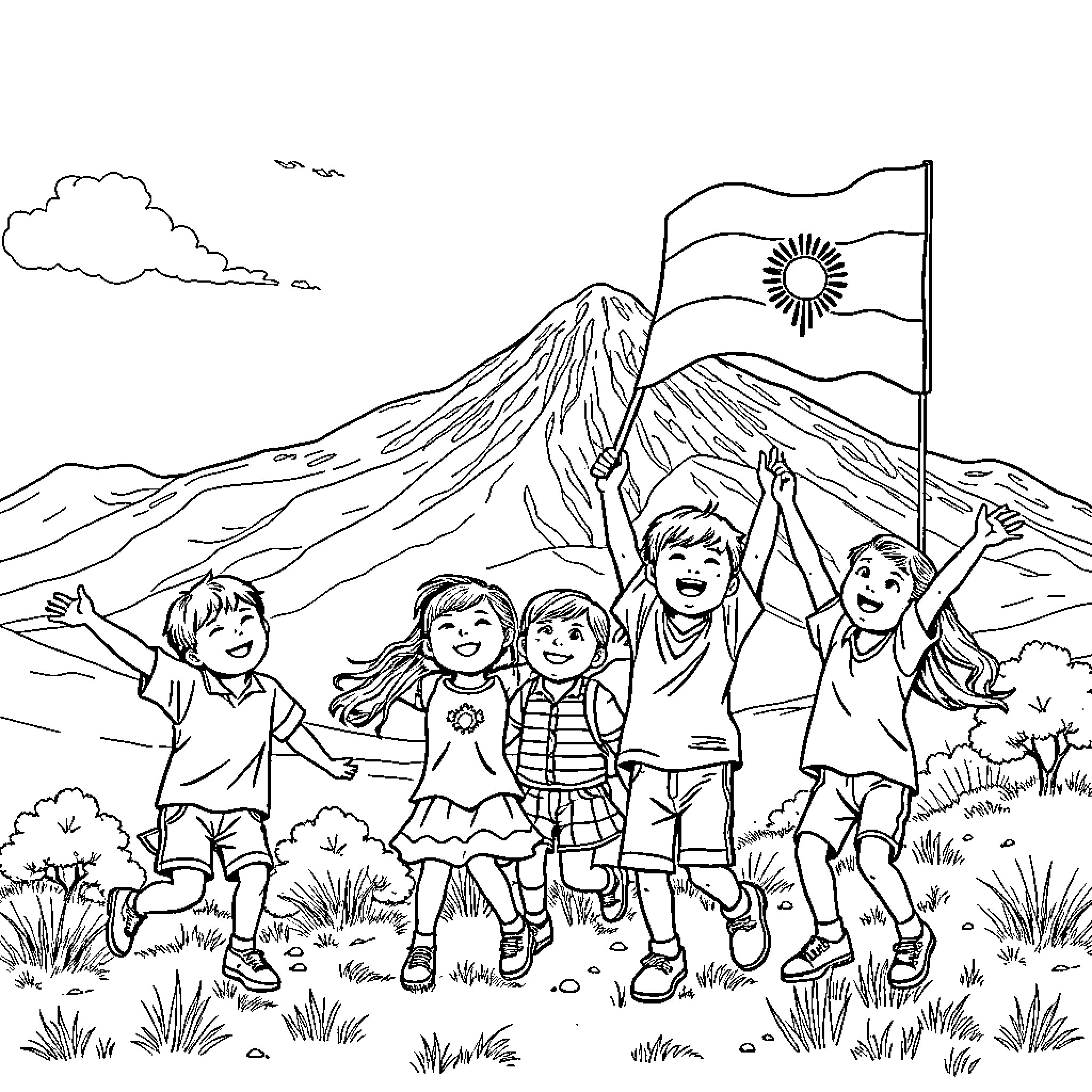 Kid joyfully celebrating on a mountain landscape Coloring Page (free black-and-white line drawing printable PDF for all, from beginners to advanced learners, including children, teens, adults, and seniors)