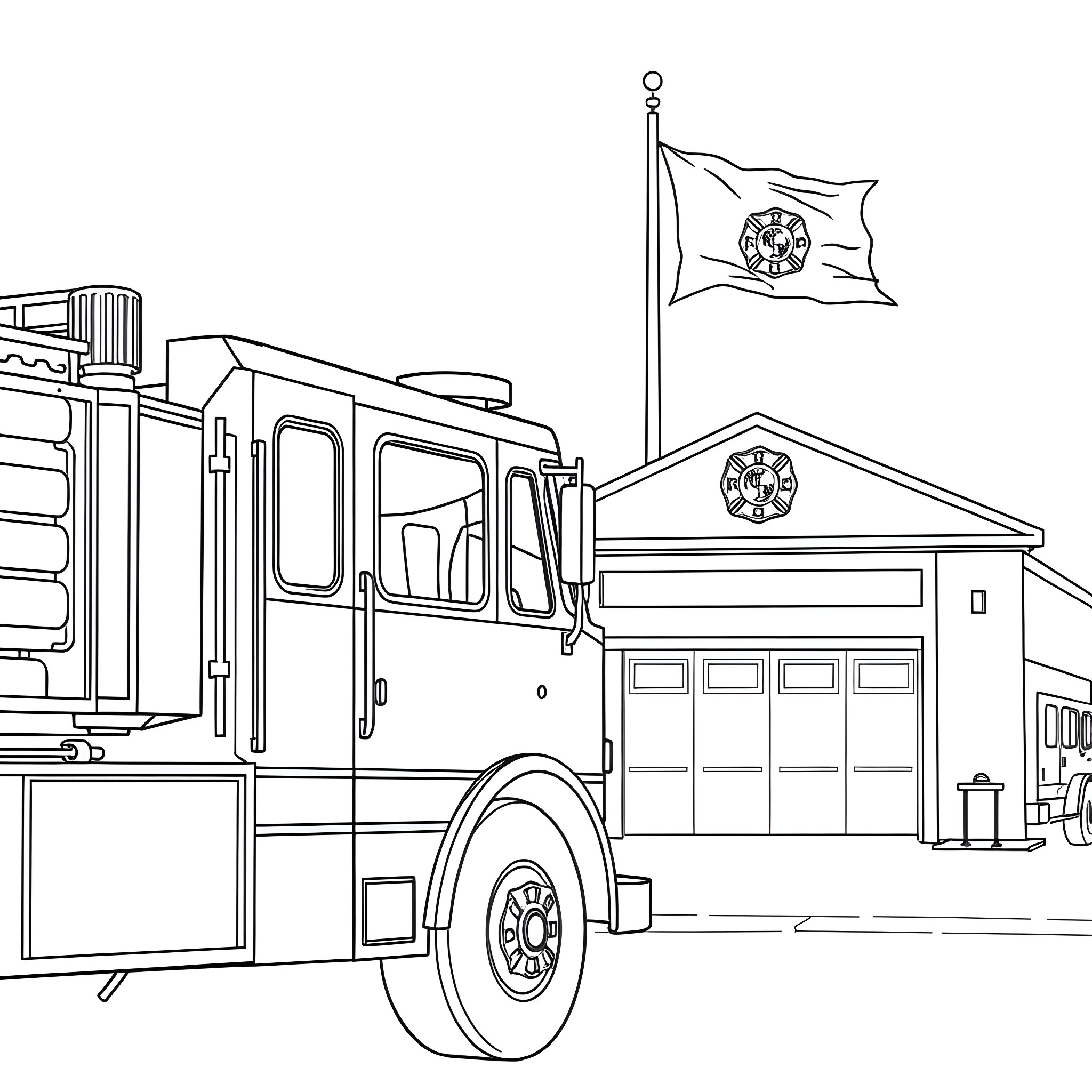 Fire Truck at Station with Flags Coloring Page (free black-and-white line drawing printable PDF for all, from beginners to advanced learners, including children, teens, adults, and seniors)