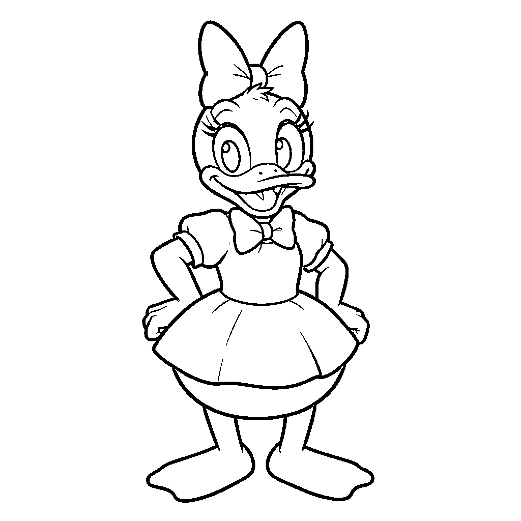 Daisy Duck in a cheerful pose Coloring Page (free black-and-white line drawing printable PDF for all, from beginners to advanced learners, including children, teens, adults, and seniors)