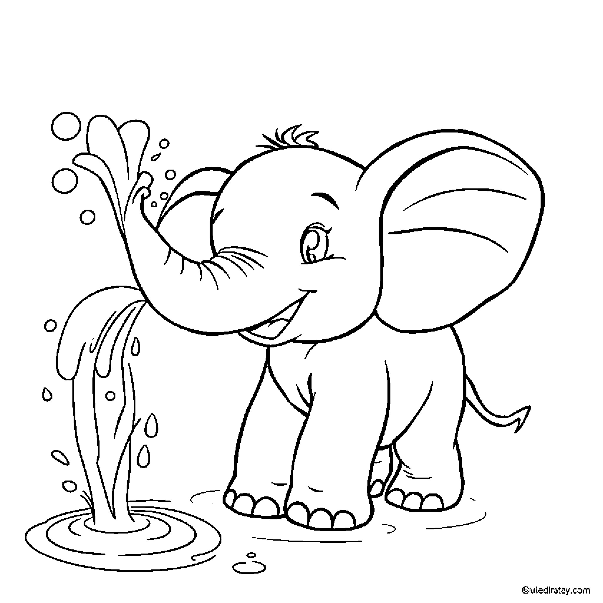 Elephant spraying water with its trunk Coloring Page (free black-and-white line drawing printable PDF for all, from beginners to advanced learners, including children, teens, adults, and seniors)