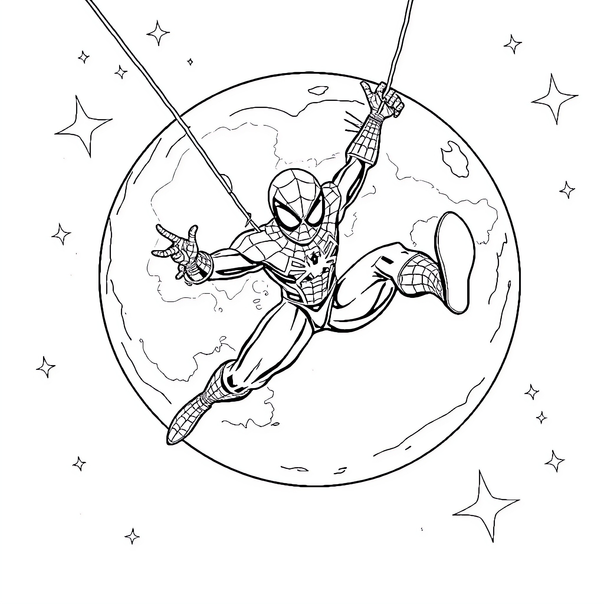 Spiderman swinging through the night sky Coloring Page (free black-and-white line drawing printable PDF for all, from beginners to advanced learners, including children, teens, adults, and seniors)