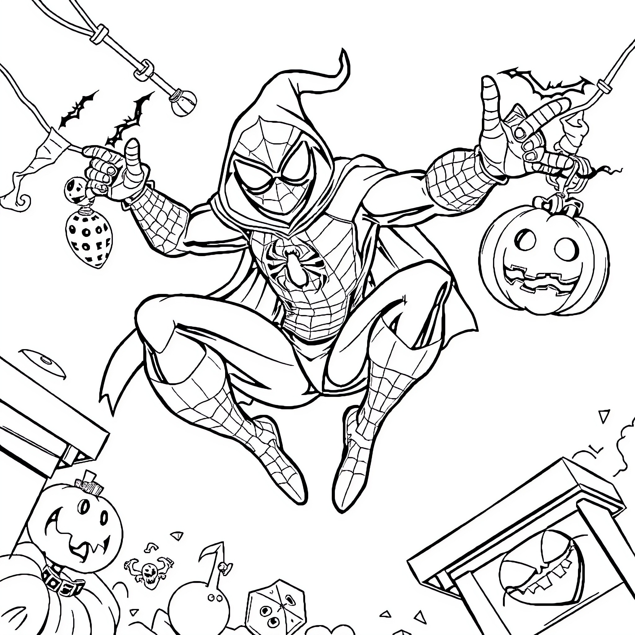 Spiderman's Halloween Adventure Coloring Page (free black-and-white line drawing printable PDF for all, from beginners to advanced learners, including children, teens, adults, and seniors)