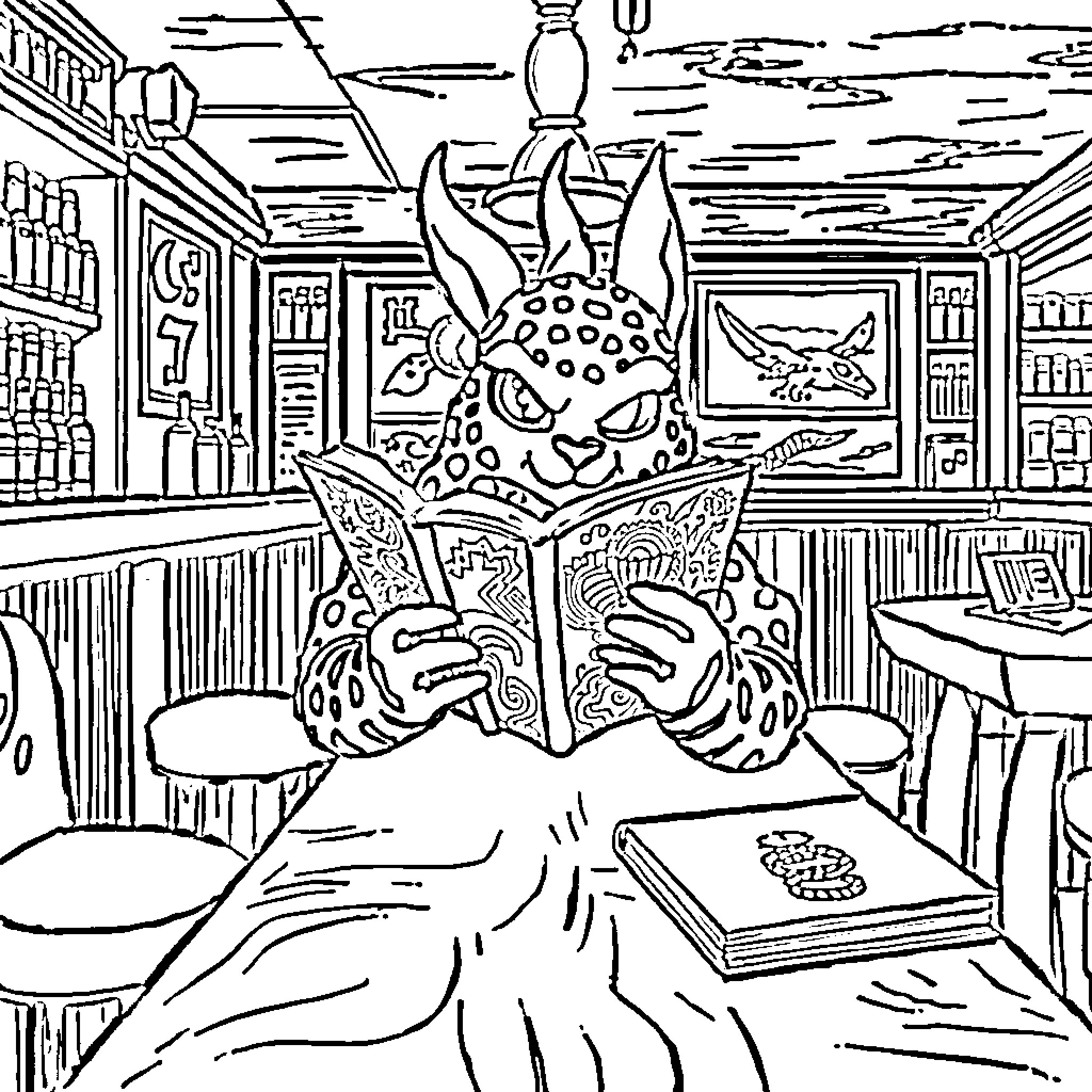 Axolotl reading intently in a cozy library Coloring Page (free black-and-white line drawing printable PDF for all, from beginners to advanced learners, including children, teens, adults, and seniors)