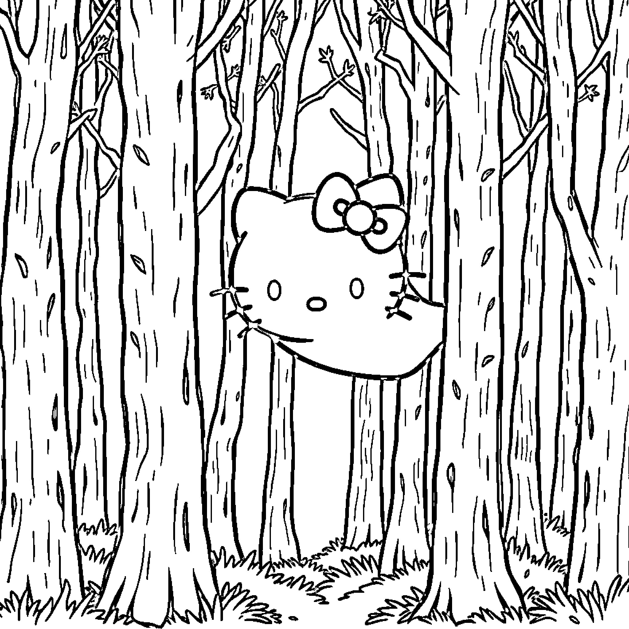 Hello Kitty peeking from behind trees in the forest Coloring Page (free black-and-white line drawing printable PDF for all, from beginners to advanced learners, including children, teens, adults, and seniors)