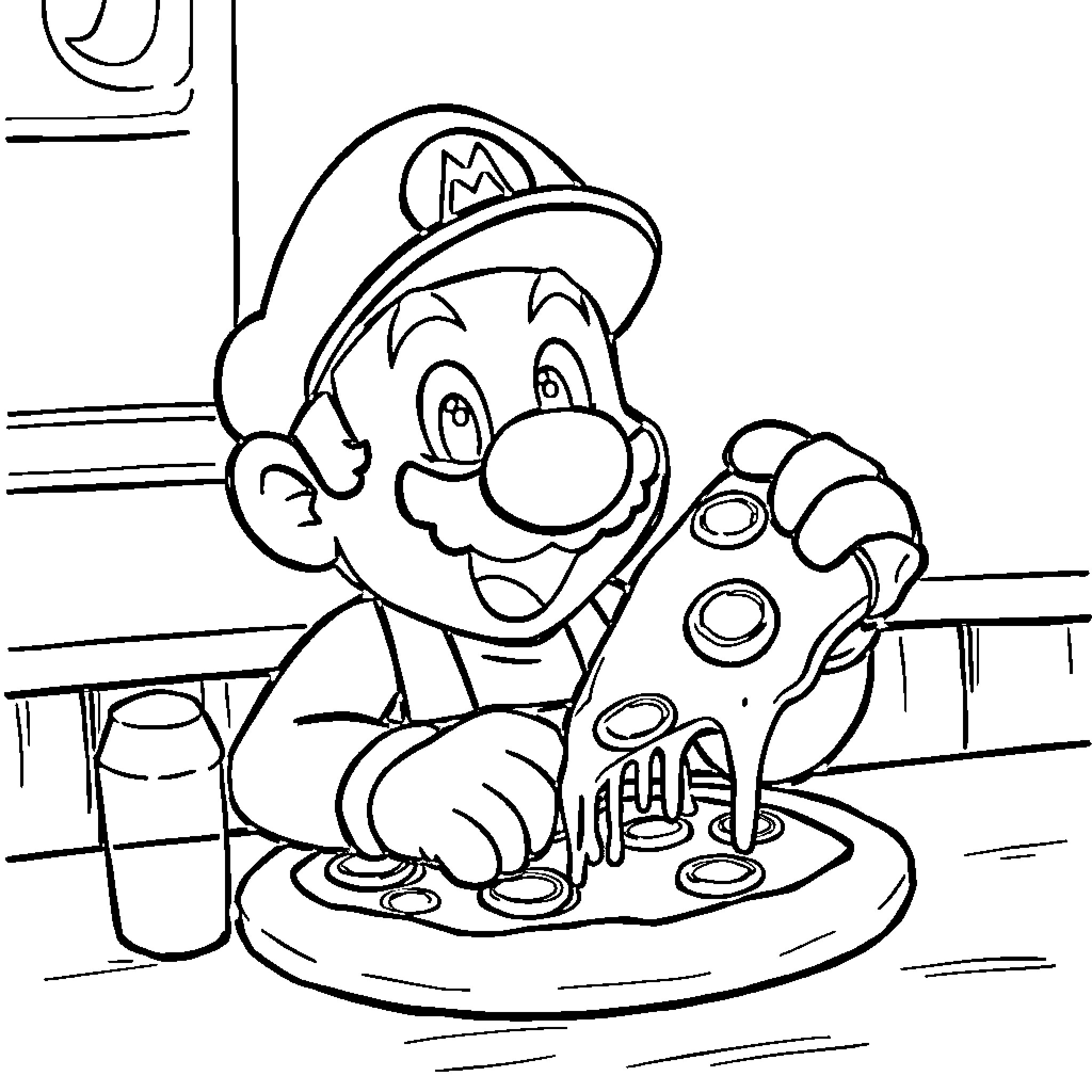 Mario Enjoying a Snack in the Kitchen Coloring Page (free black-and-white line drawing printable PDF for all, from beginners to advanced learners, including children, teens, adults, and seniors)