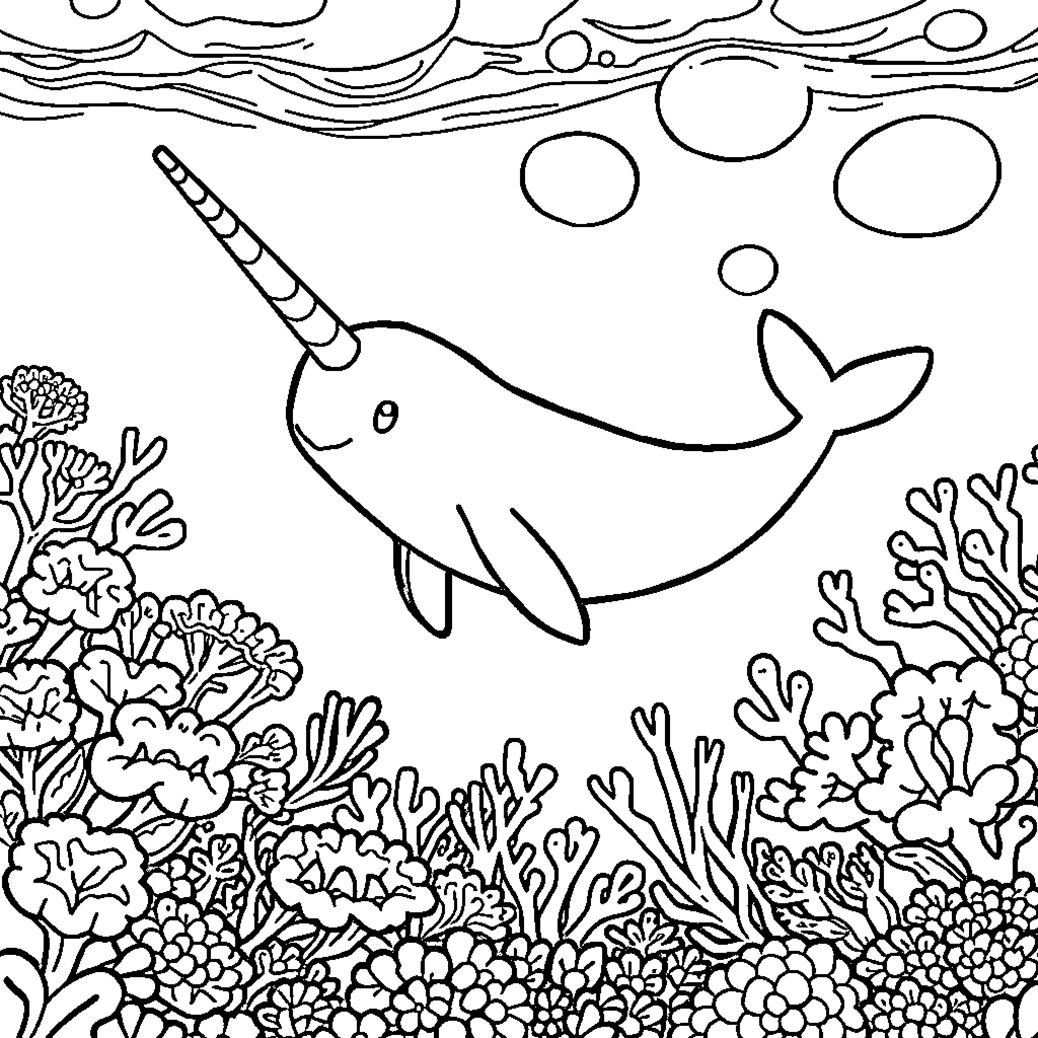 Narwhal swimming among vibrant marine life Coloring Page (free black-and-white line drawing printable PDF for all, from beginners to advanced learners, including children, teens, adults, and seniors)