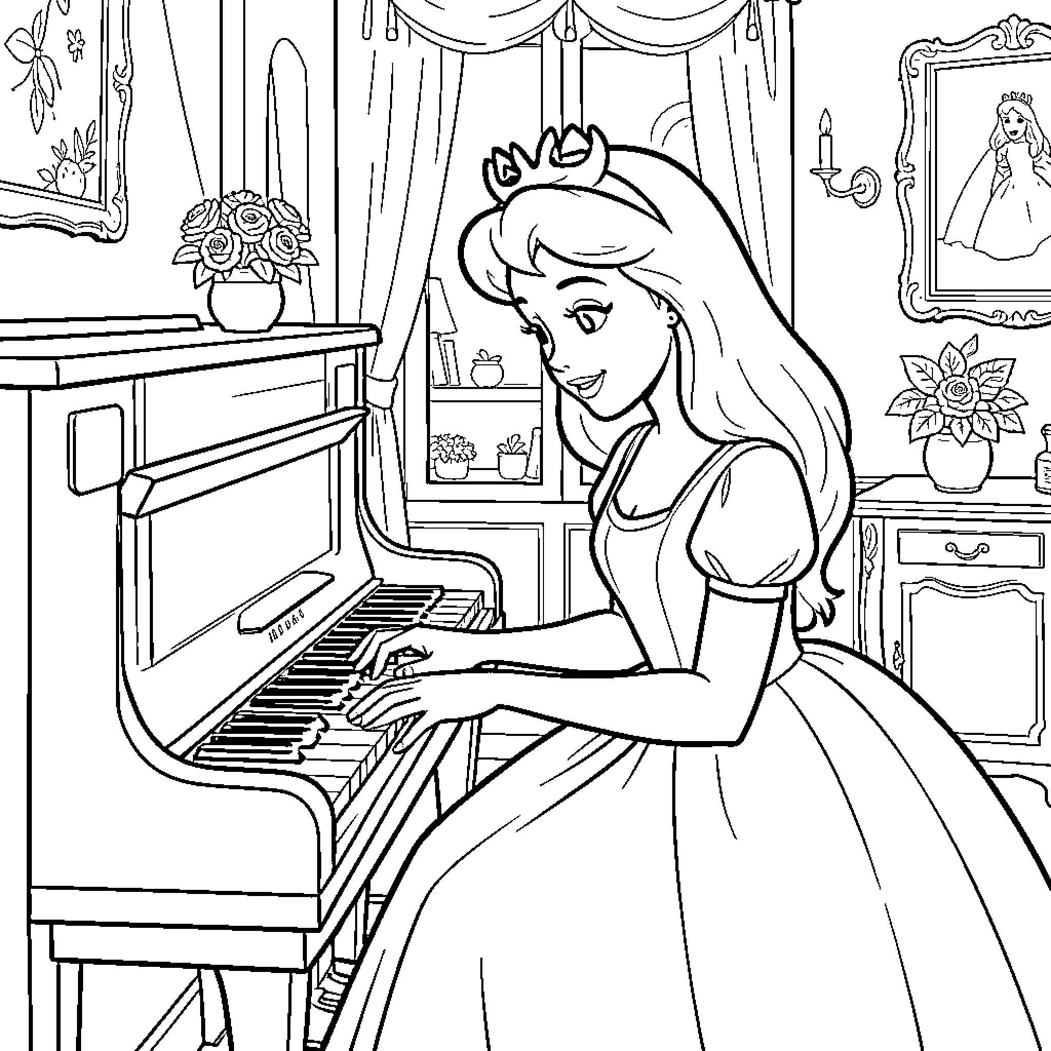 Snow White playing the piano in a room Coloring Page (free black-and-white line drawing printable PDF for all, from beginners to advanced learners, including children, teens, adults, and seniors)