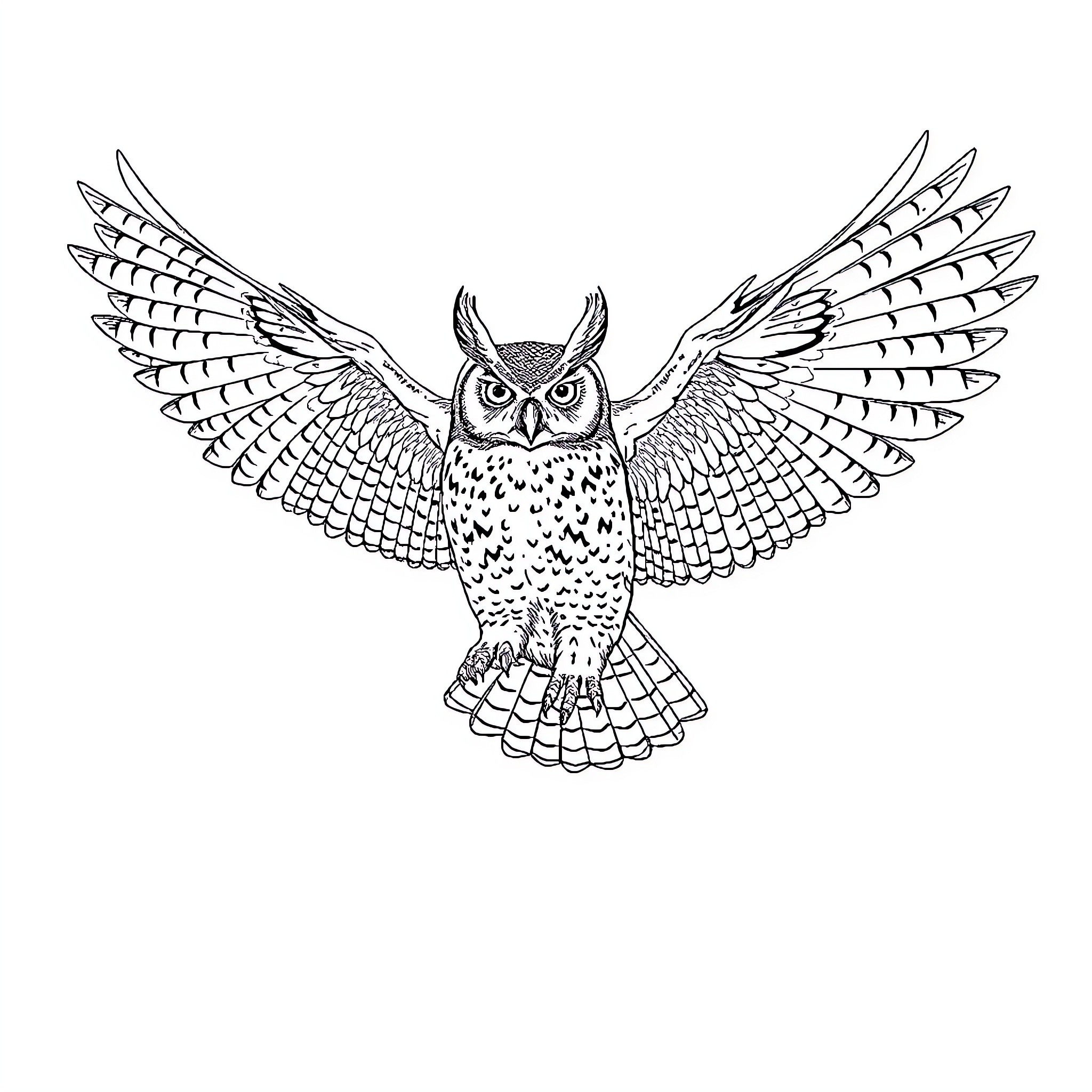 Owl spreading majestic wings in flight Coloring Page (free black-and-white line drawing printable PDF for all, from beginners to advanced learners, including children, teens, adults, and seniors)