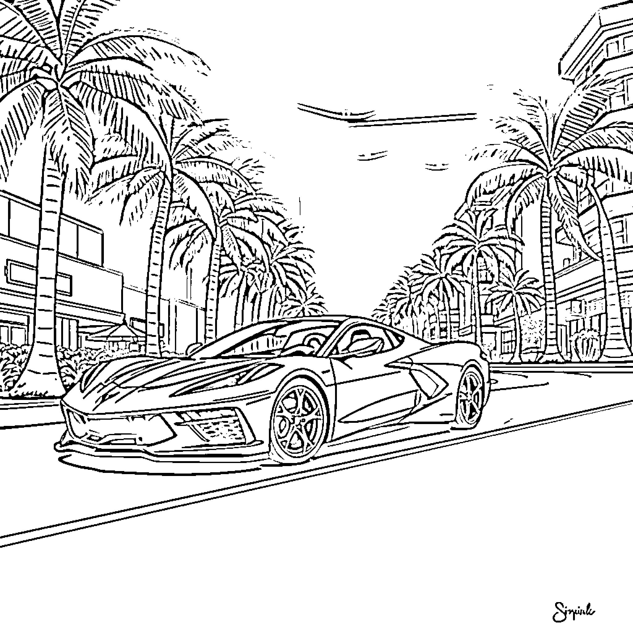 Corvette Speeding Down Palm-Lined Street Coloring Page (free black-and-white line drawing printable PDF for all, from beginners to advanced learners, including children, teens, adults, and seniors)