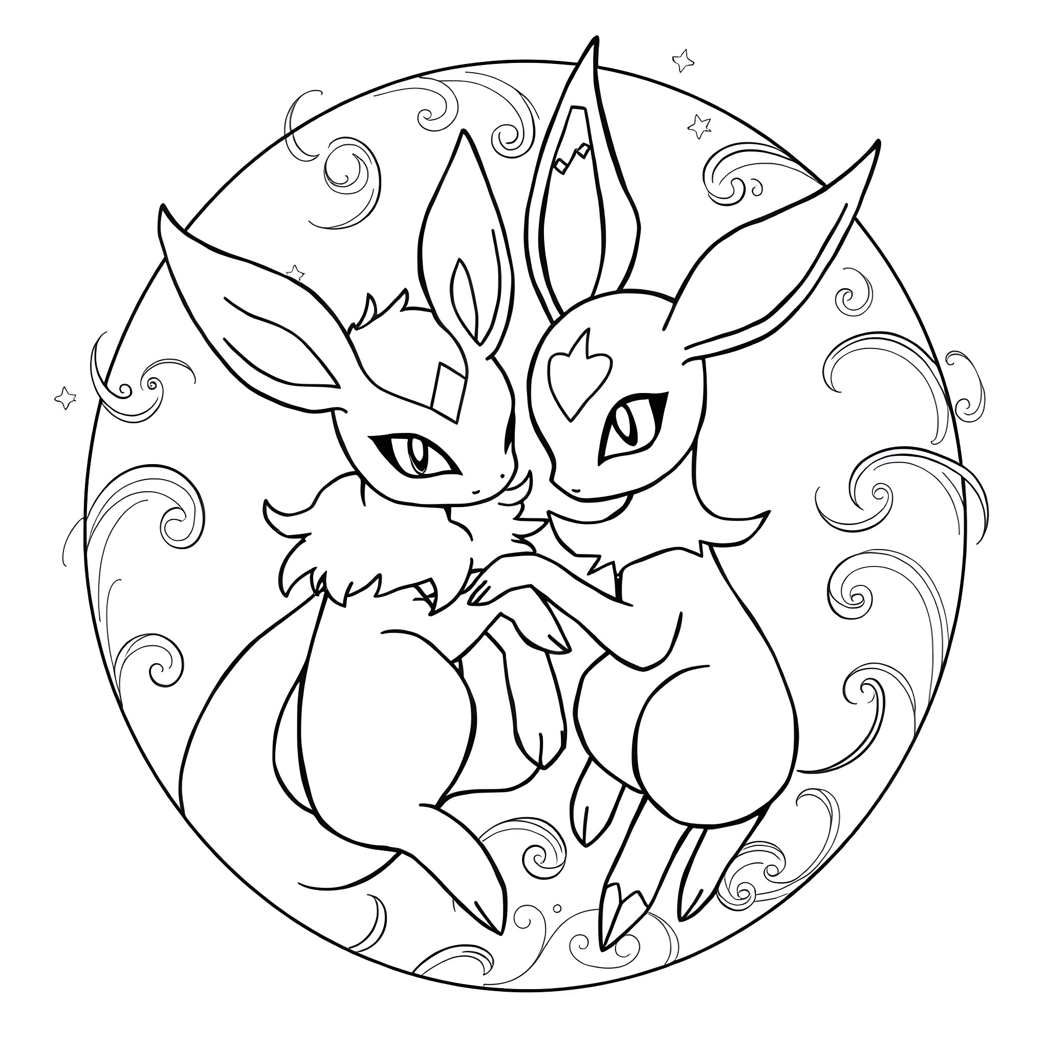 Espeon and Umbreon embracing in a whimsical scene Coloring Page (free black-and-white line drawing printable PDF for all, from beginners to advanced learners, including children, teens, adults, and seniors)