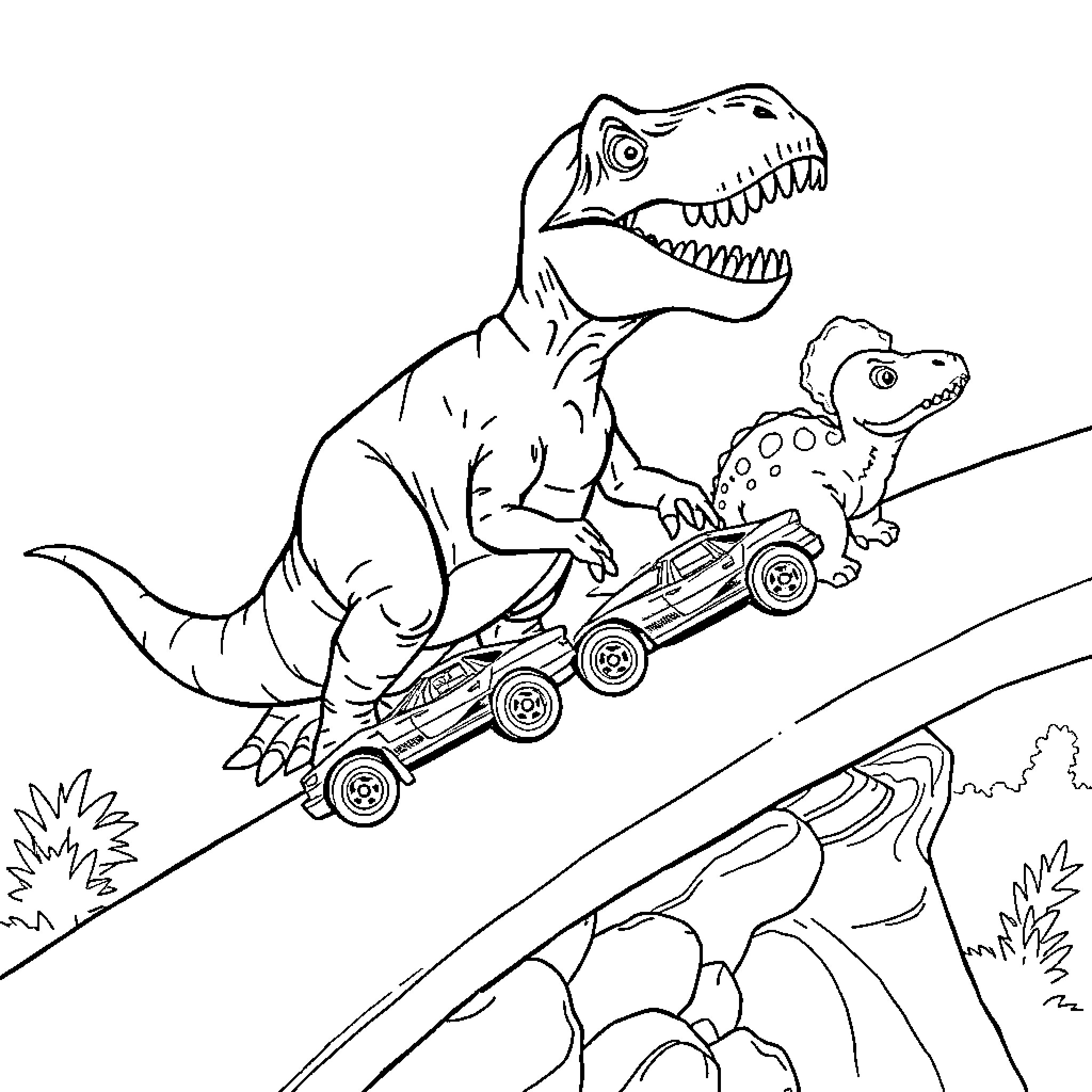 T-Rex driving toy car with baby dinosaur Coloring Page (free black-and-white line drawing printable PDF for all, from beginners to advanced learners, including children, teens, adults, and seniors)