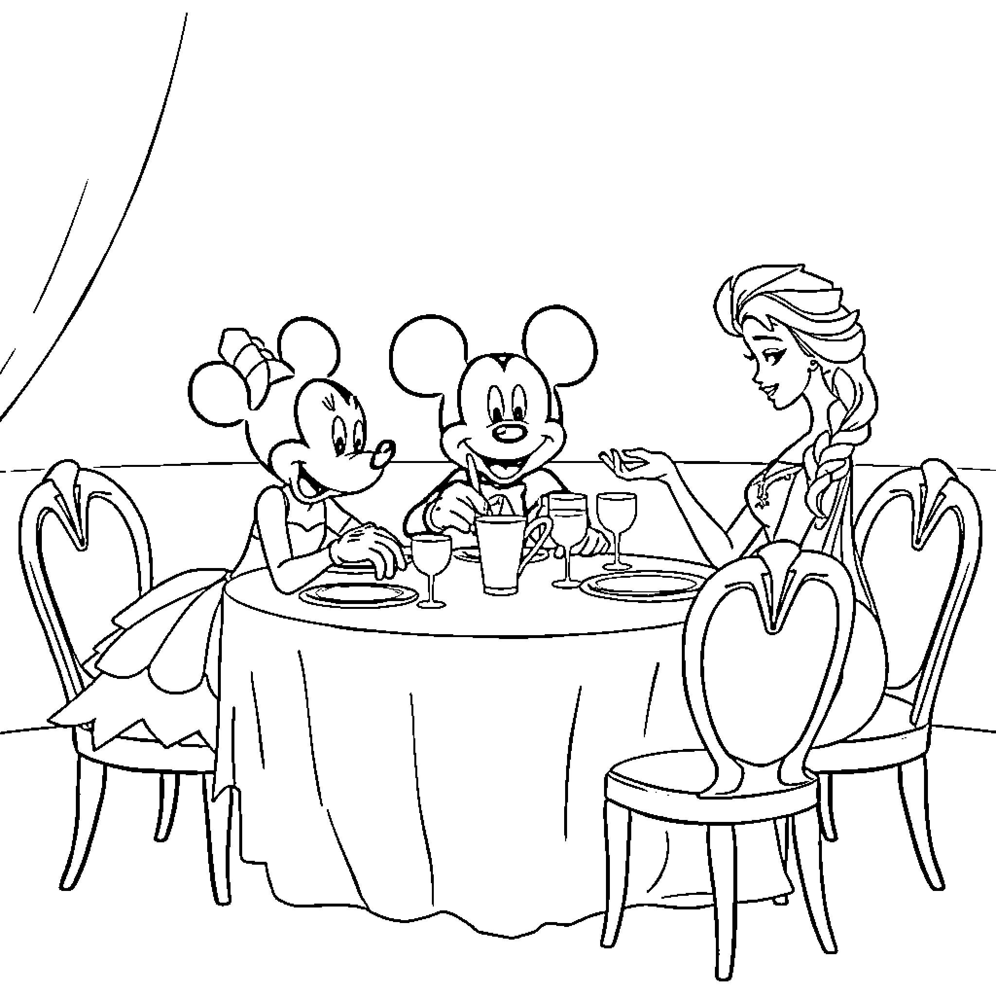 Ballerina characters dining at table Coloring Page (free black-and-white line drawing printable PDF for all, from beginners to advanced learners, including children, teens, adults, and seniors)