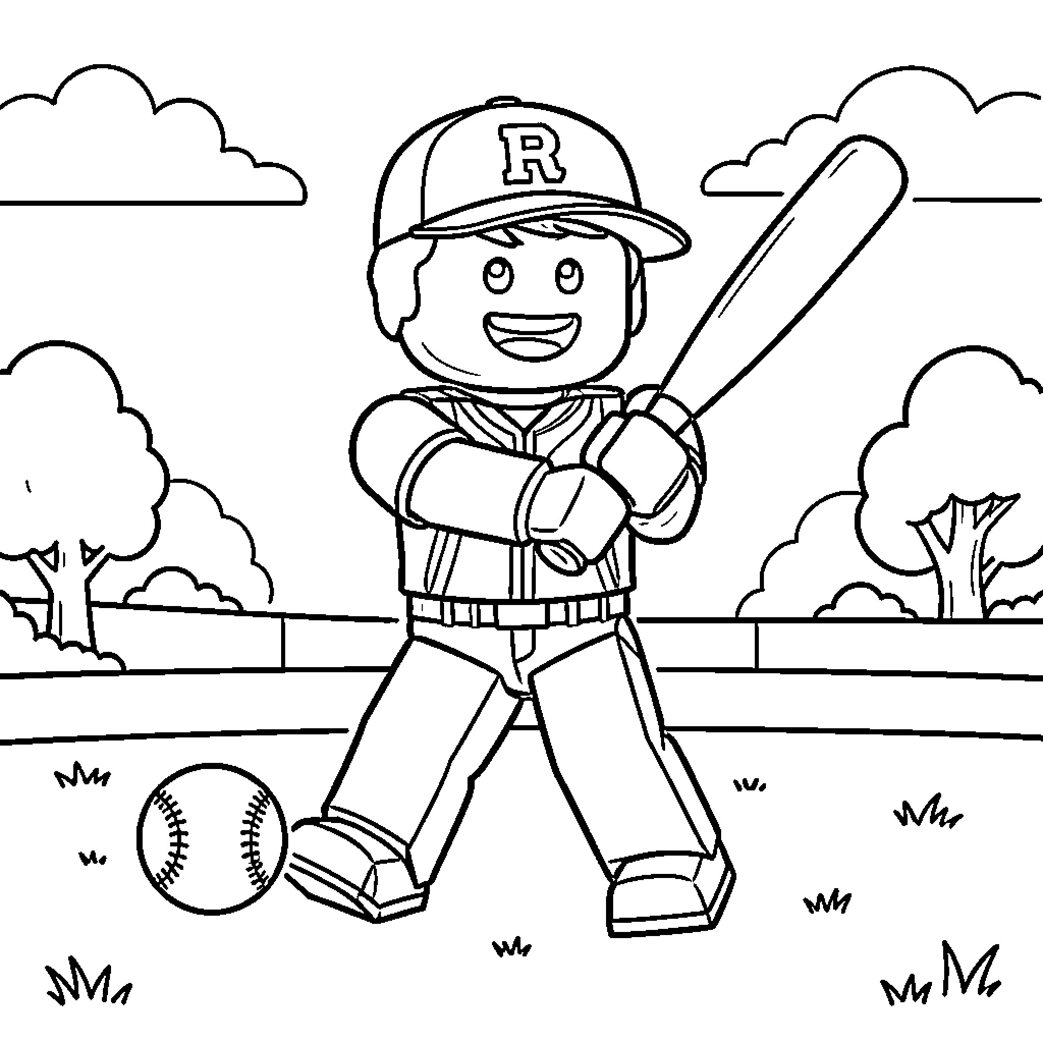 Roblox Character Playing Baseball on the Field Coloring Page (free black-and-white line drawing printable PDF for all, from beginners to advanced learners, including children, teens, adults, and seniors)