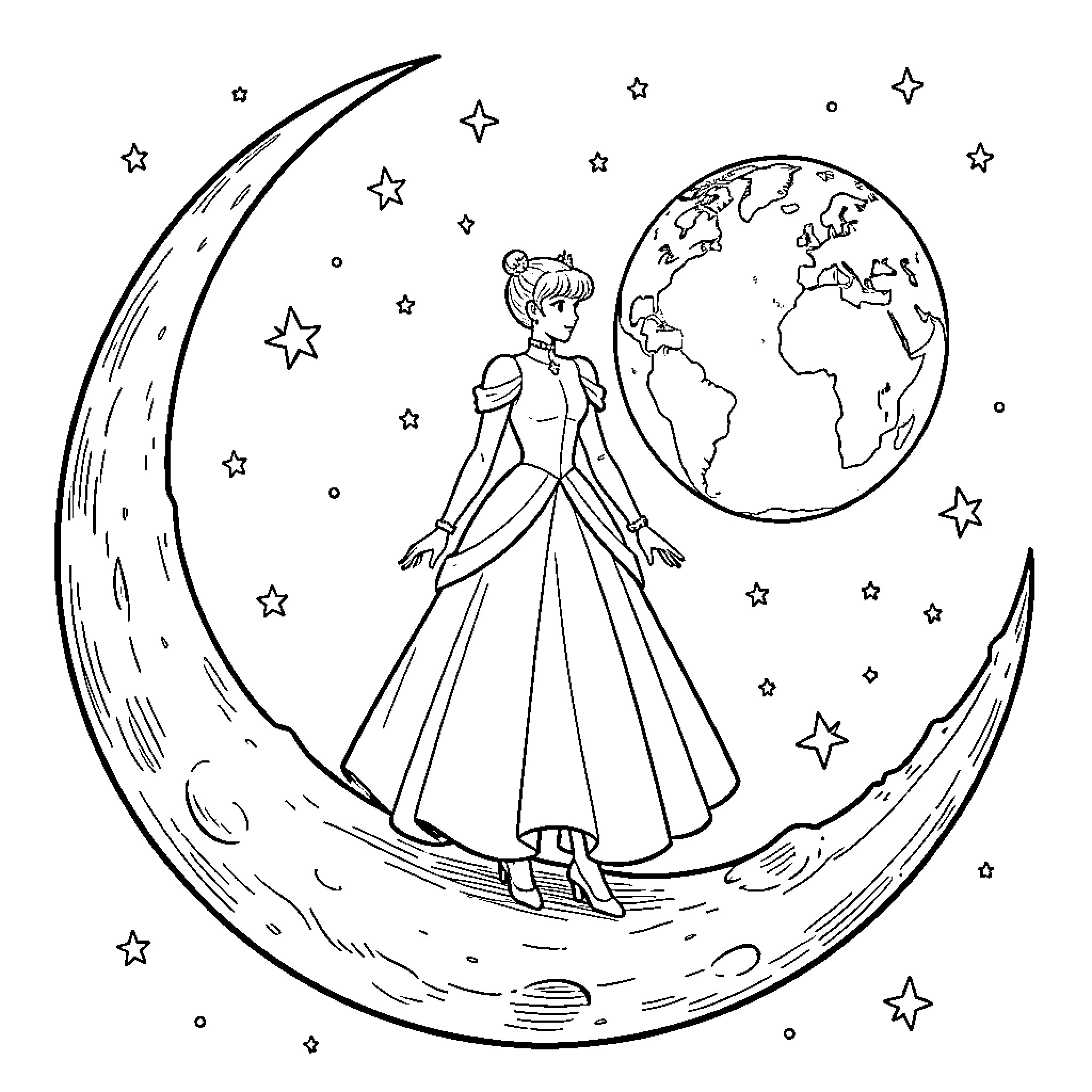 Princess Dancing on the Crescent Moon Coloring Page (free black-and-white line drawing printable PDF for all, from beginners to advanced learners, including children, teens, adults, and seniors)