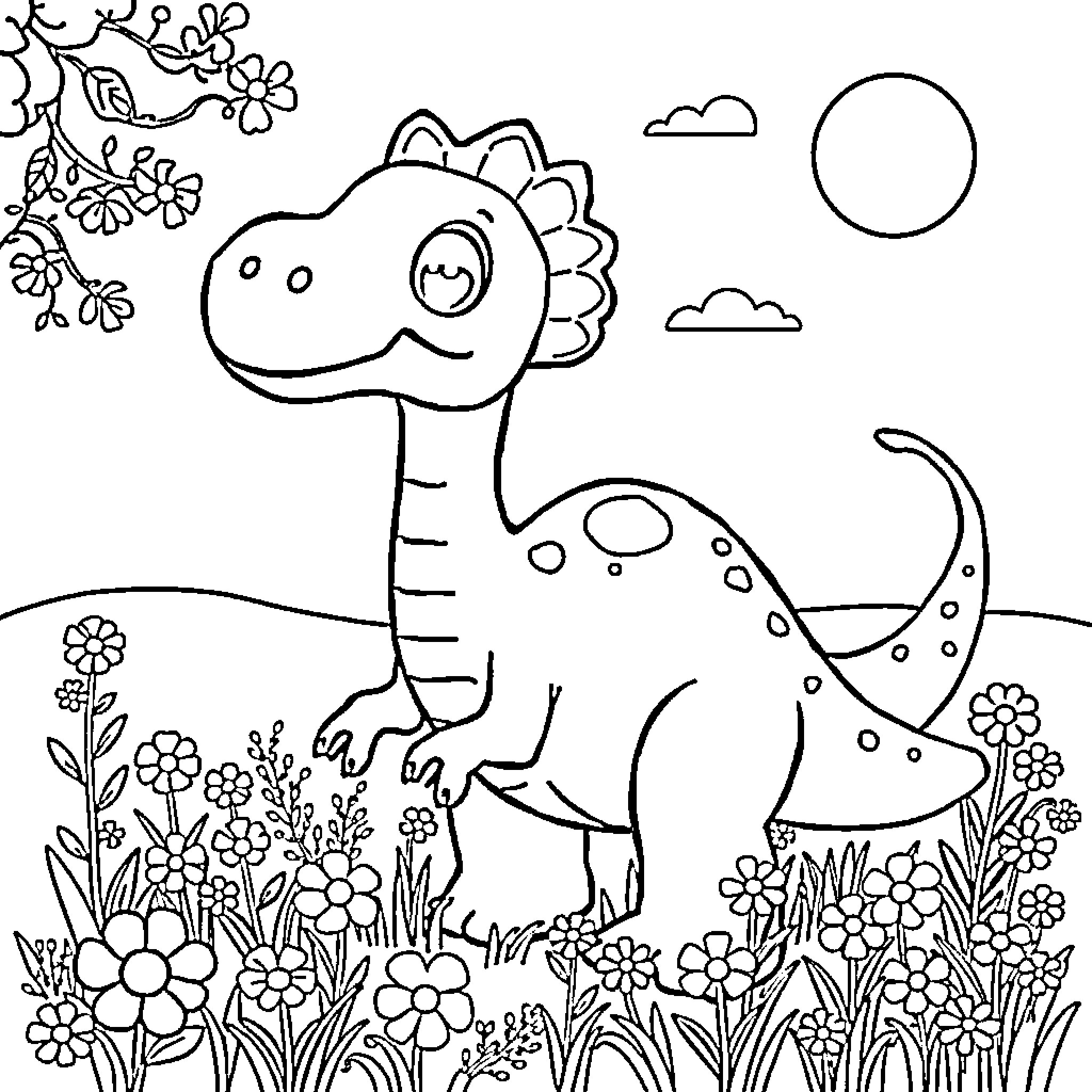 Brontosaurus frolicking through a floral field Coloring Page (free black-and-white line drawing printable PDF for all, from beginners to advanced learners, including children, teens, adults, and seniors)