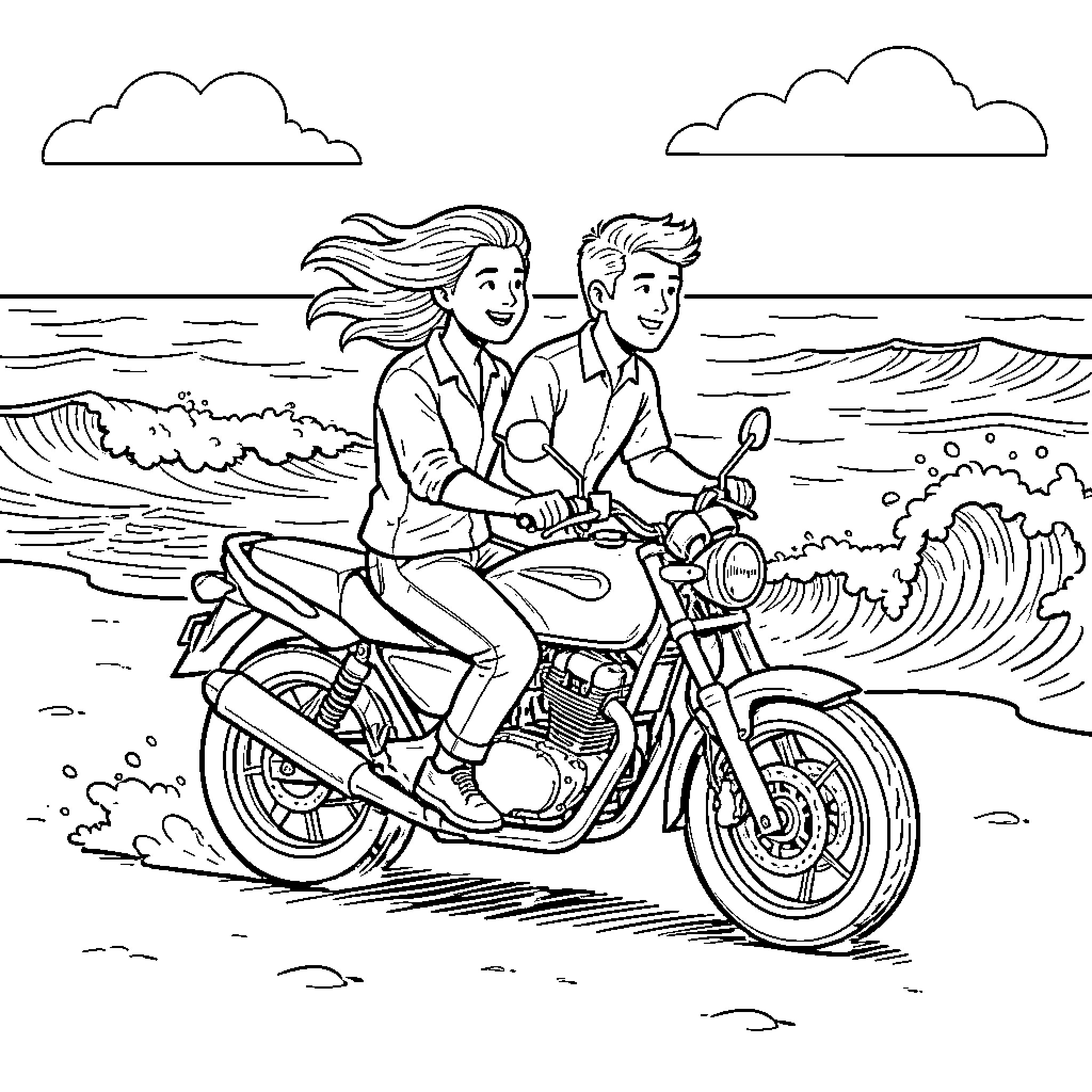 Couple riding a motorcycle along the beach Coloring Page (free black-and-white line drawing printable PDF for all, from beginners to advanced learners, including children, teens, adults, and seniors)