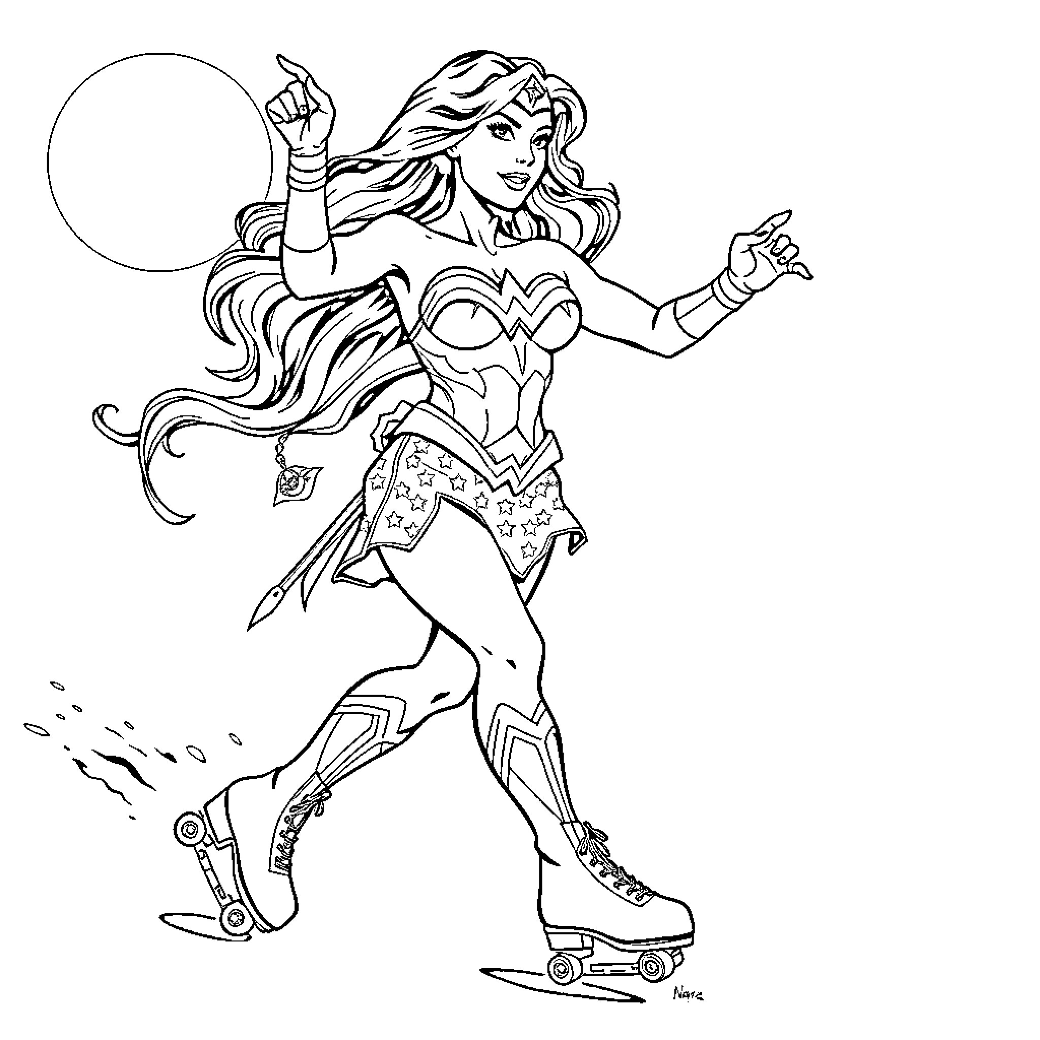 Wonder Woman Heroically Rollerblading in Action Coloring Page (free black-and-white line drawing printable PDF for all, from beginners to advanced learners, including children, teens, adults, and seniors)