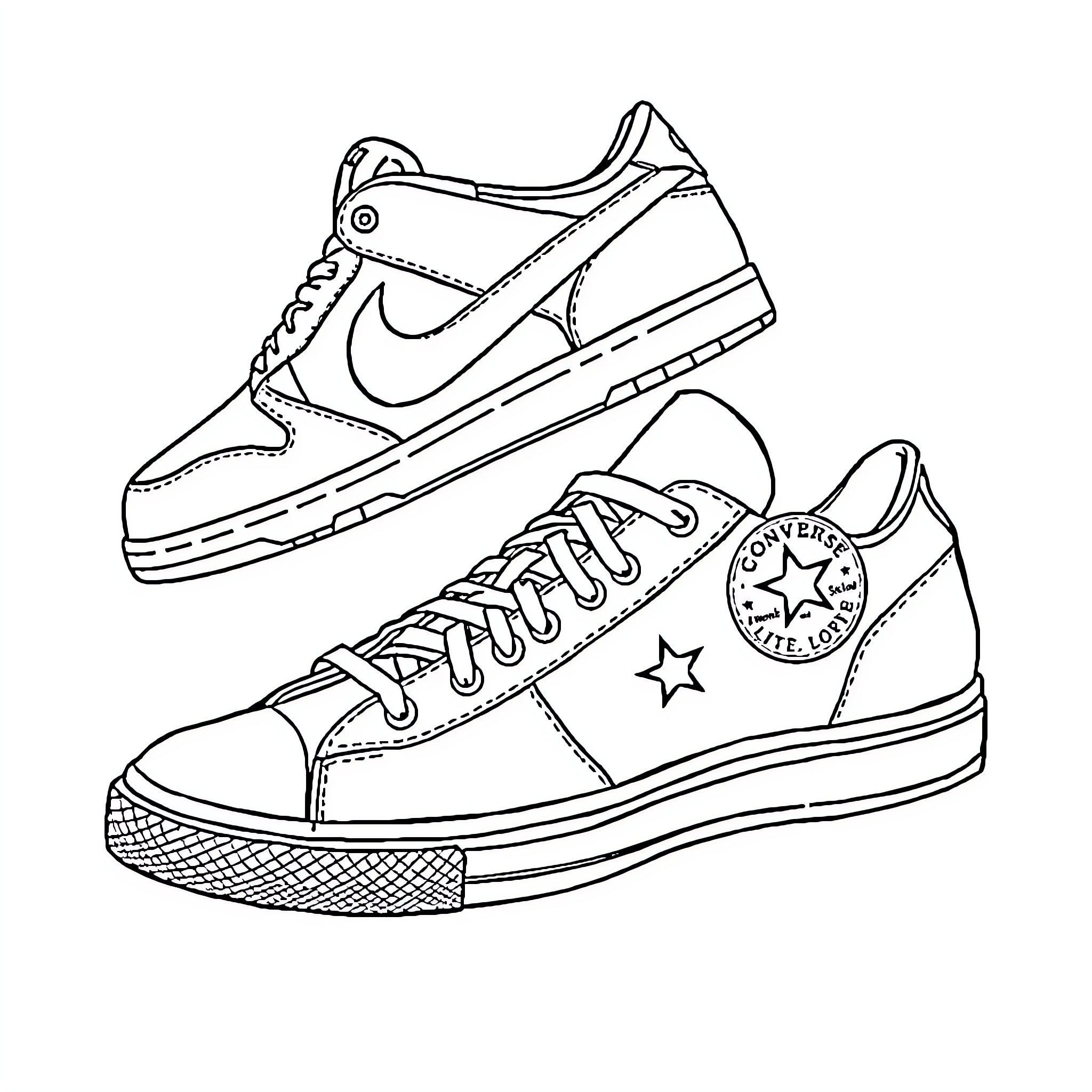 Shoe sketches of athletic and casual footwear Coloring Page (free black-and-white line drawing printable PDF for all, from beginners to advanced learners, including children, teens, adults, and seniors)
