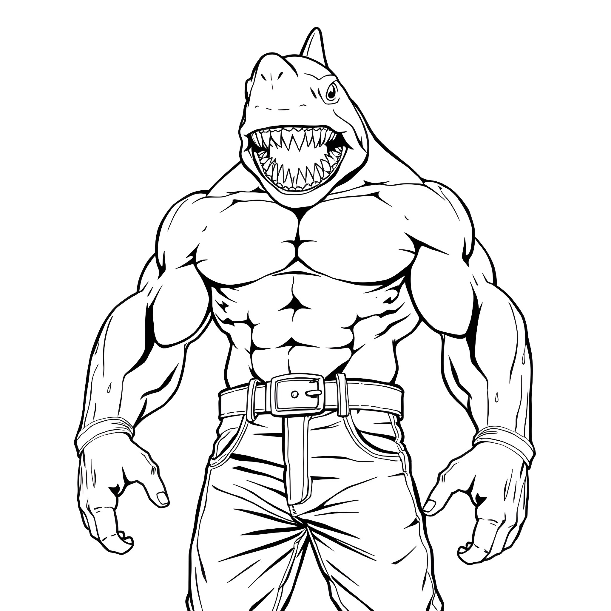 Shark-themed muscular superhero in attack stance Coloring Page (free black-and-white line drawing printable PDF for all, from beginners to advanced learners, including children, teens, adults, and seniors)