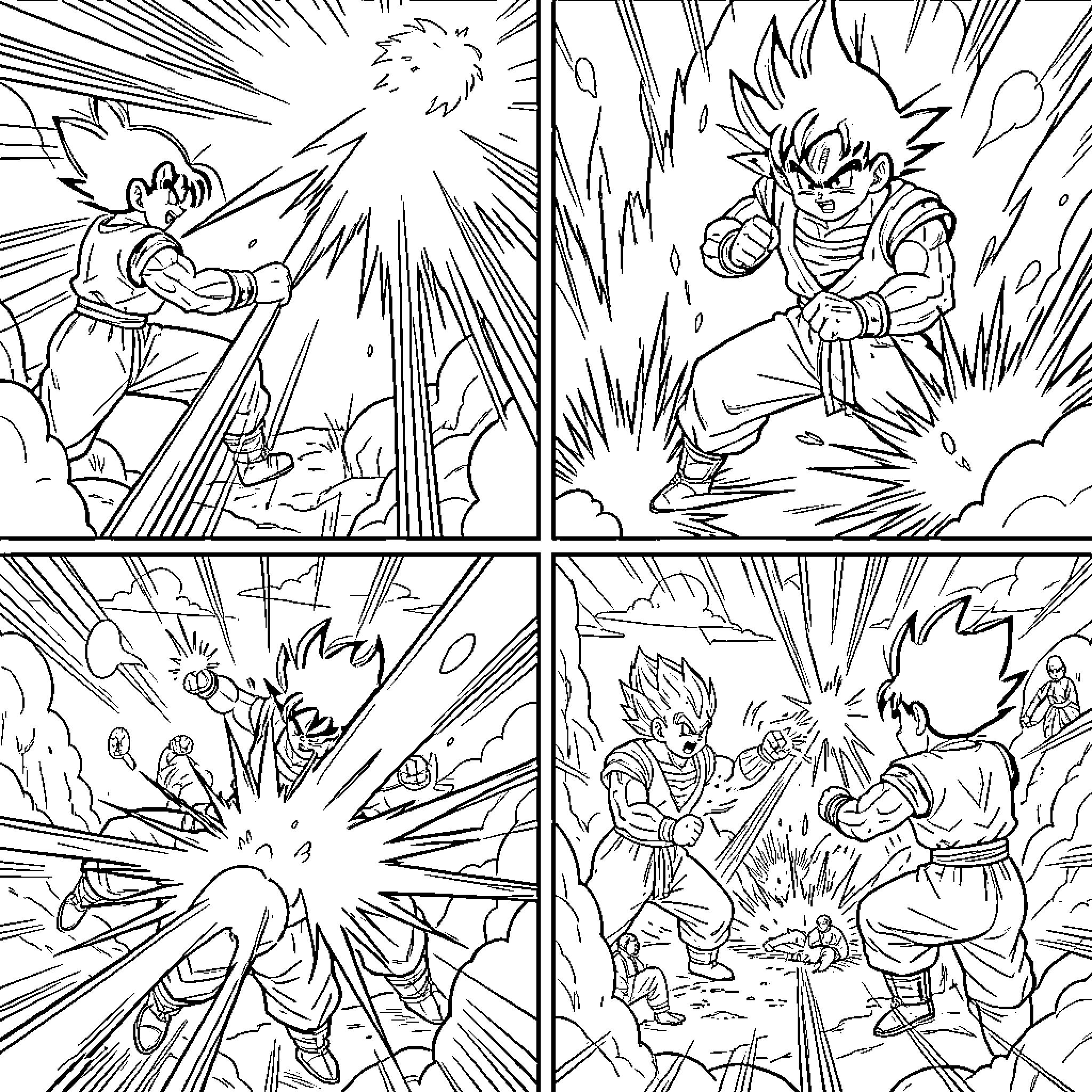 Dragon Ball Z: Intense Battle and Explosive Confrontations Coloring Page (free black-and-white line drawing printable PDF for all, from beginners to advanced learners, including children, teens, adults, and seniors)