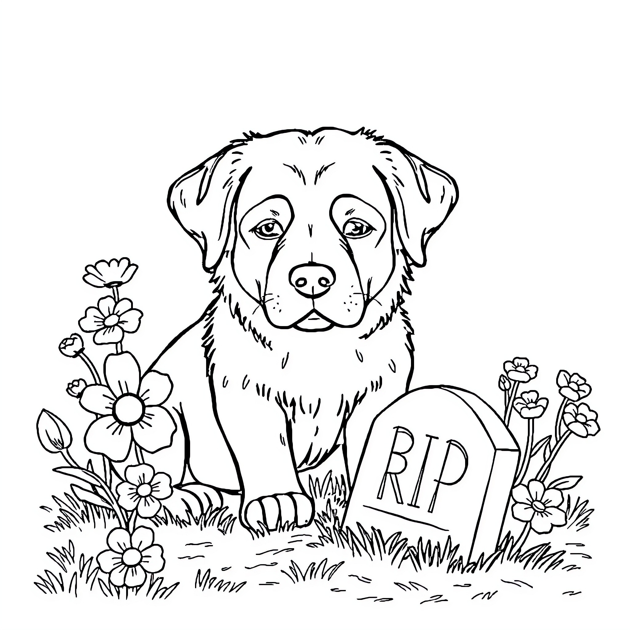 Dog sitting by a tombstone in a flowery field Coloring Page (free black-and-white line drawing printable PDF for all, from beginners to advanced learners, including children, teens, adults, and seniors)