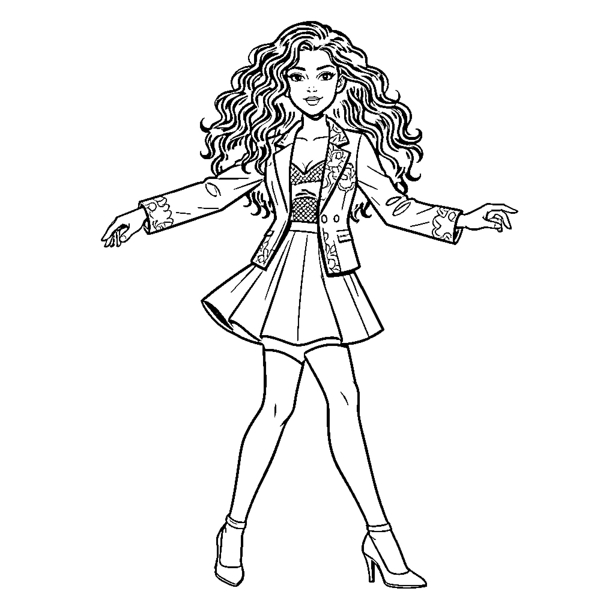 Woman in fashionable outfit with flowing hair Coloring Page (free black-and-white line drawing printable PDF for all, from beginners to advanced learners, including children, teens, adults, and seniors)