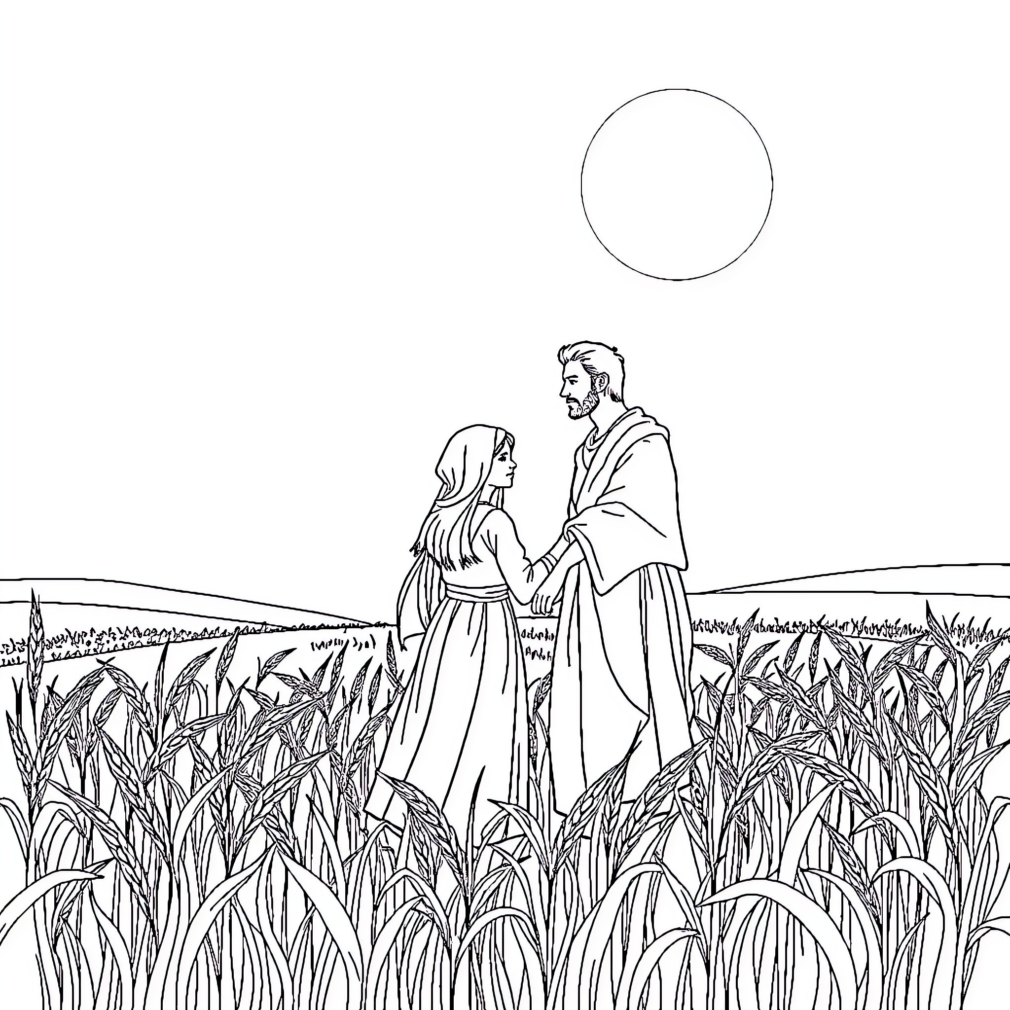 Ruth and Boaz's encounter in the fields Coloring Page (free black-and-white line drawing printable PDF for all, from beginners to advanced learners, including children, teens, adults, and seniors)