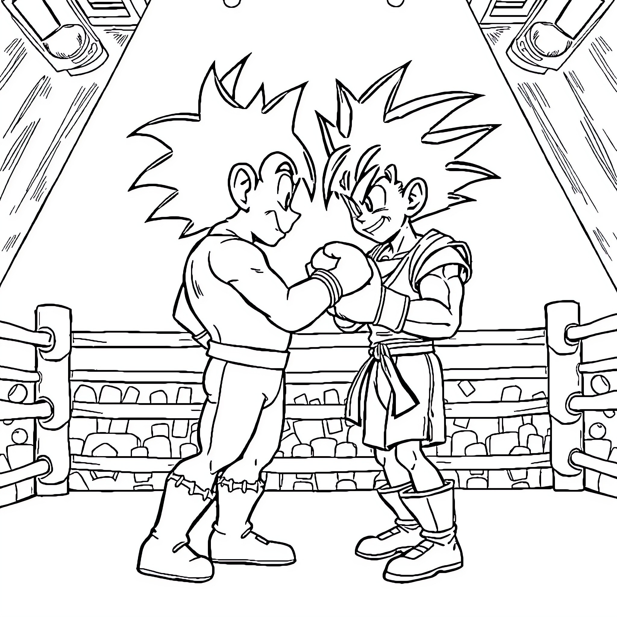 Flash McQueen and friend wrestling in boxing ring Coloring Page (free black-and-white line drawing printable PDF for all, from beginners to advanced learners, including children, teens, adults, and seniors)