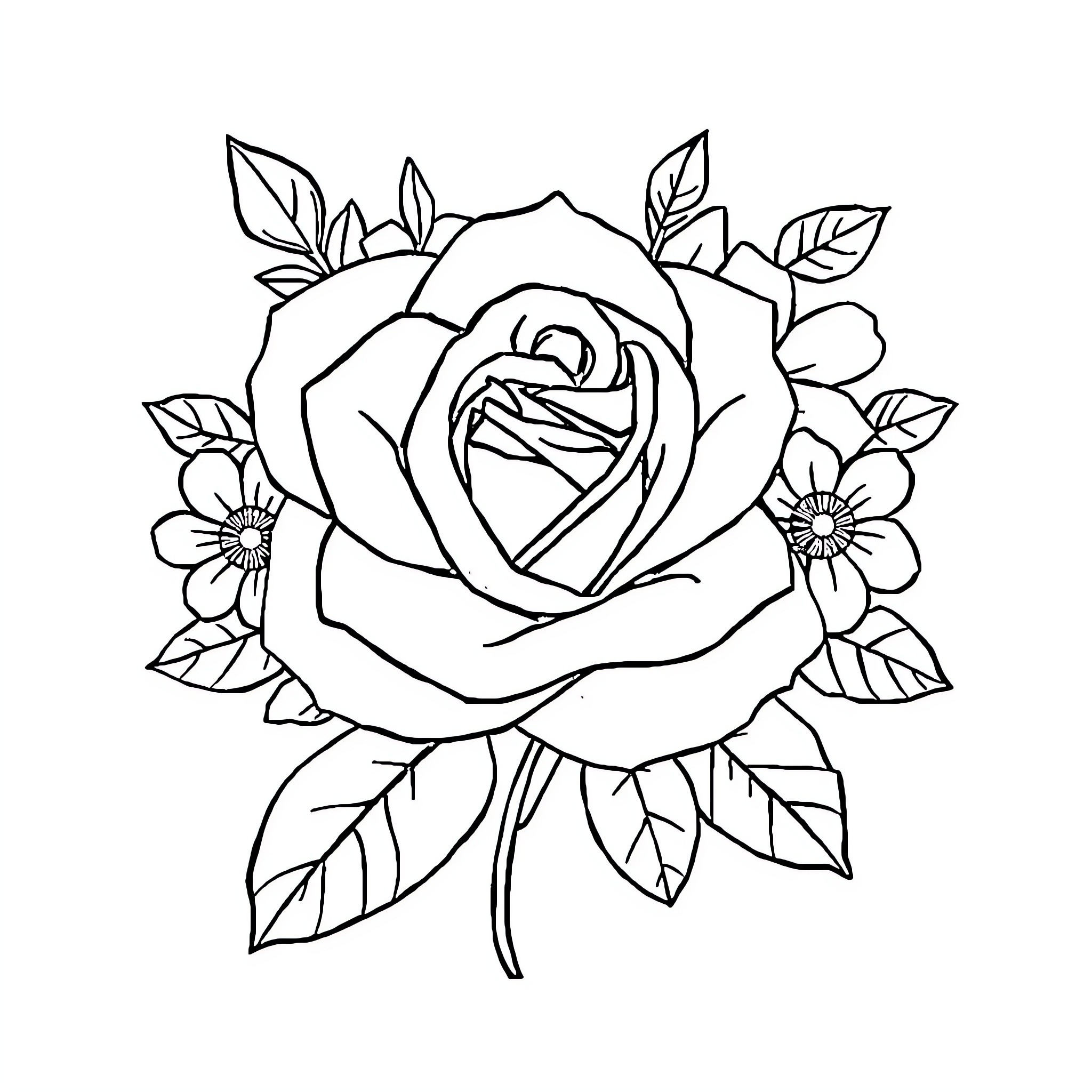 Logo of a blooming rose with leaves Coloring Page (free black-and-white line drawing printable PDF for all, from beginners to advanced learners, including children, teens, adults, and seniors)