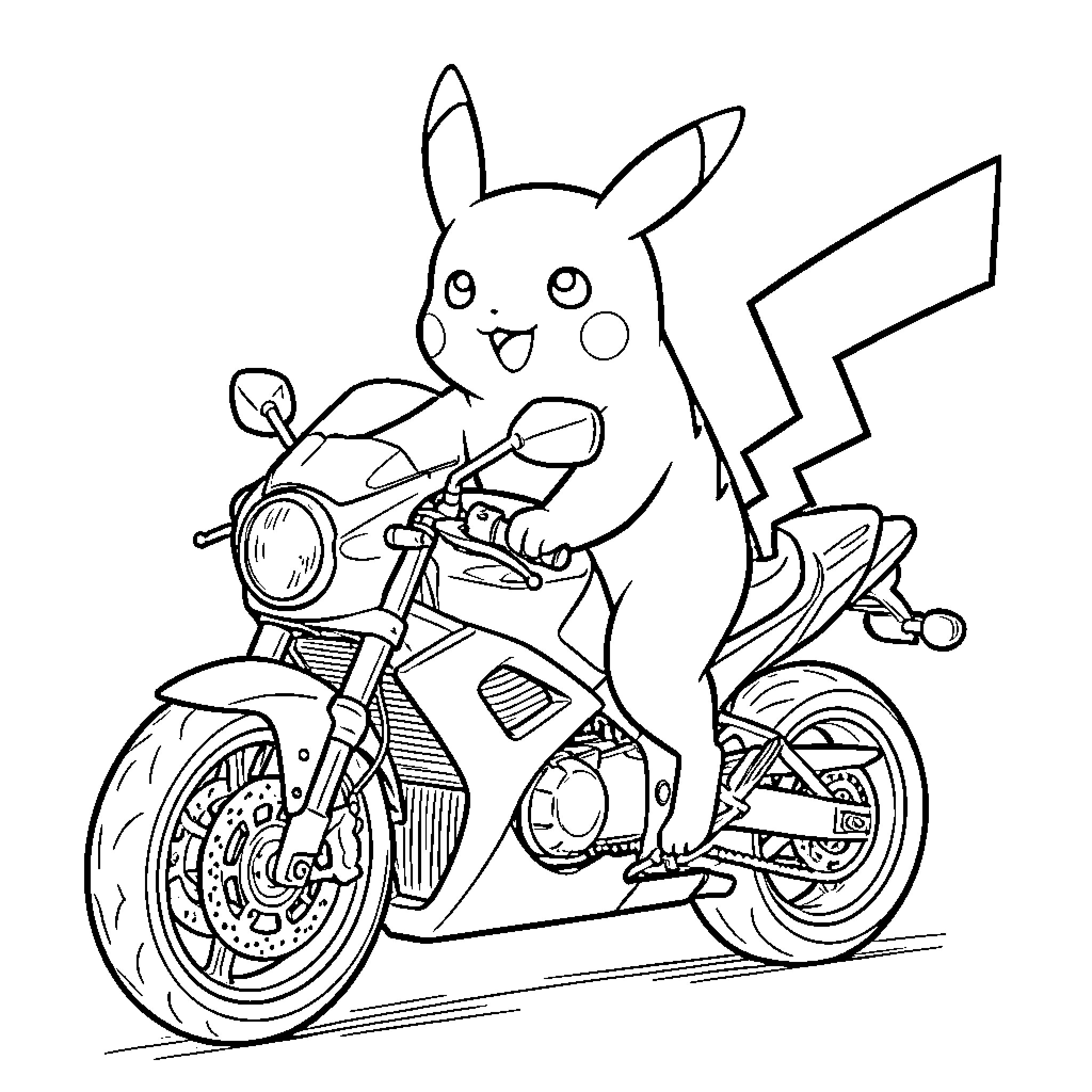 Pikachu riding a motorcycle with enthusiasm Coloring Page (free black-and-white line drawing printable PDF for all, from beginners to advanced learners, including children, teens, adults, and seniors)