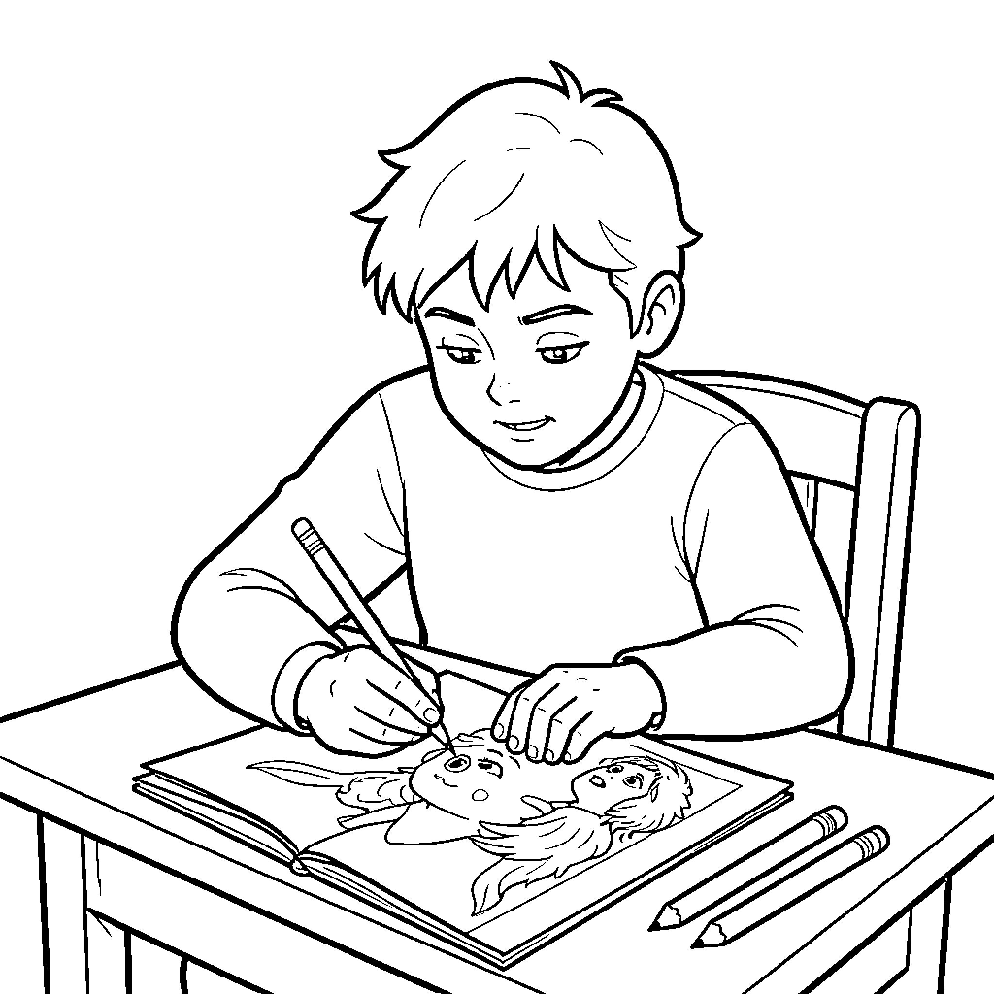Dibujen un niño concentrado dibujando en su cuaderno Coloring Page (free black-and-white line drawing printable PDF for all, from beginners to advanced learners, including children, teens, adults, and seniors)