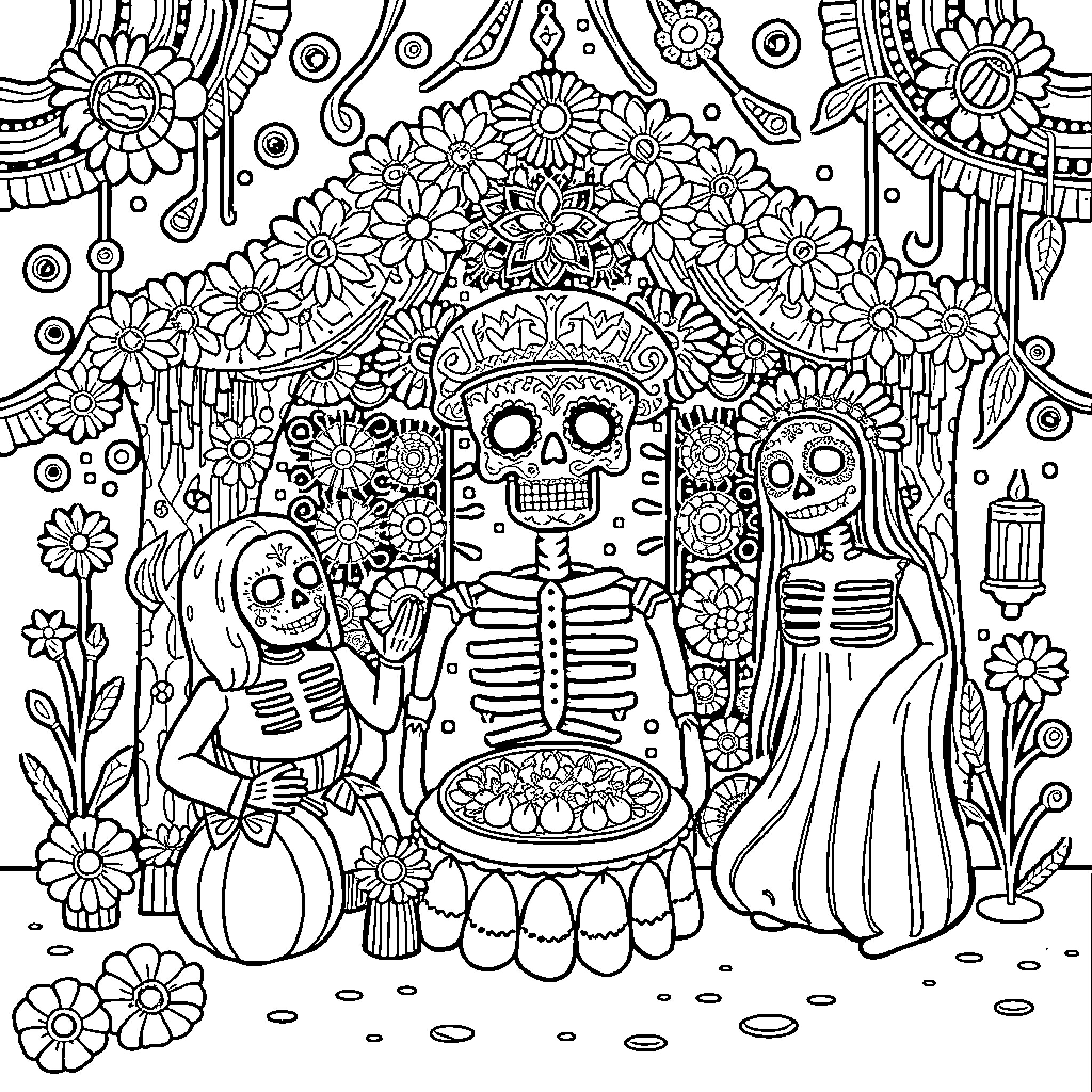 Day of the Dead - Skeletons and Floral Celebration Coloring Page (free black-and-white line drawing printable PDF for all, from beginners to advanced learners, including children, teens, adults, and seniors)