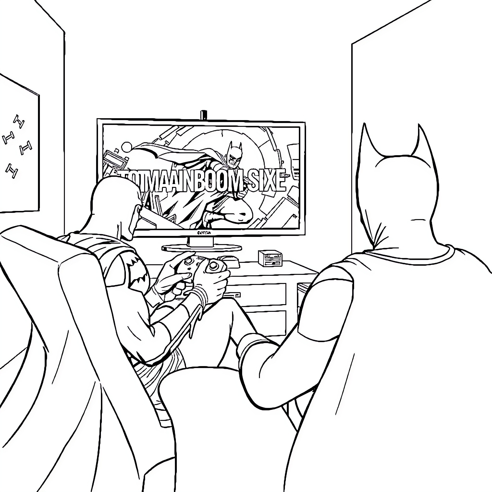 Batman playing video game at home Coloring Page (free black-and-white line drawing printable PDF for all, from beginners to advanced learners, including children, teens, adults, and seniors)