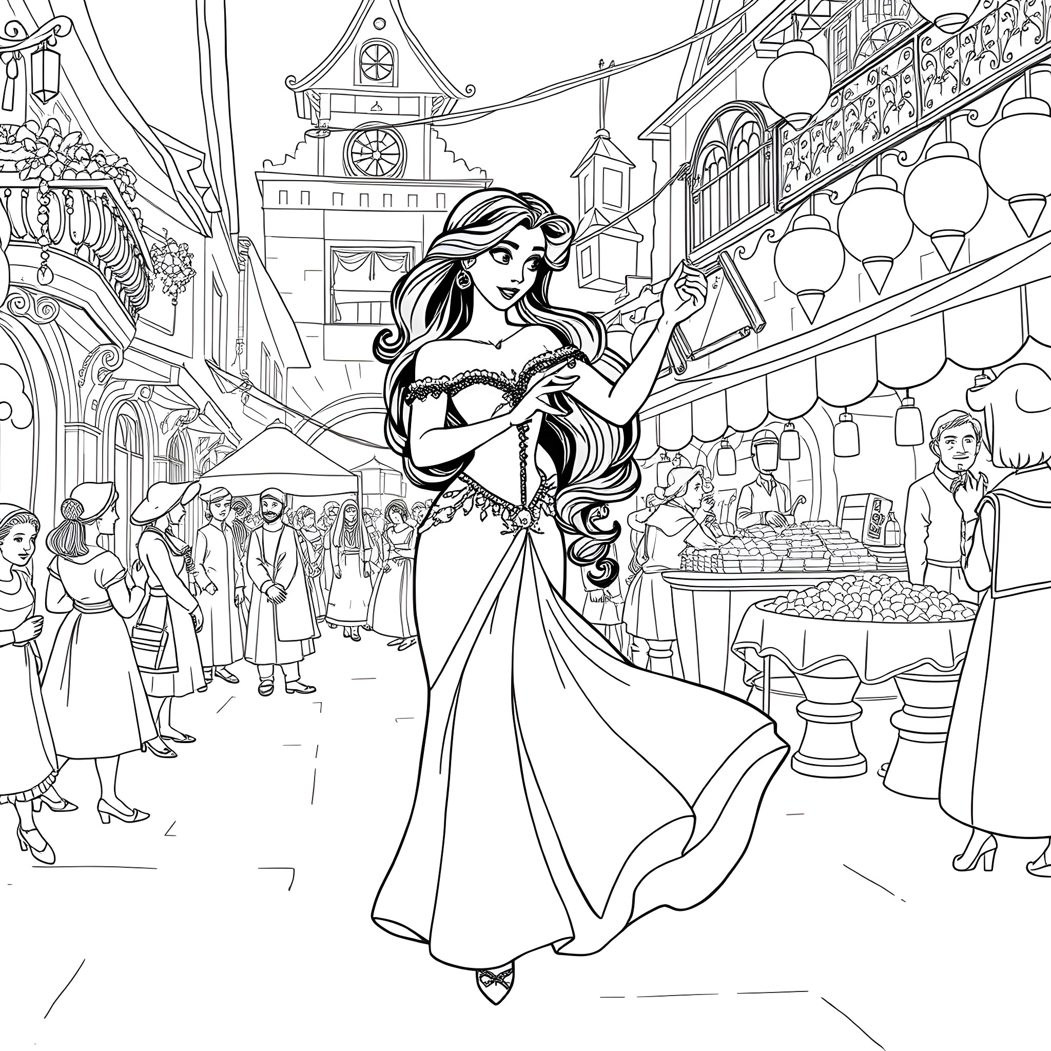Esmeralda's Vibrant Market Stroll Coloring Page (free black-and-white line drawing printable PDF for all, from beginners to advanced learners, including children, teens, adults, and seniors)