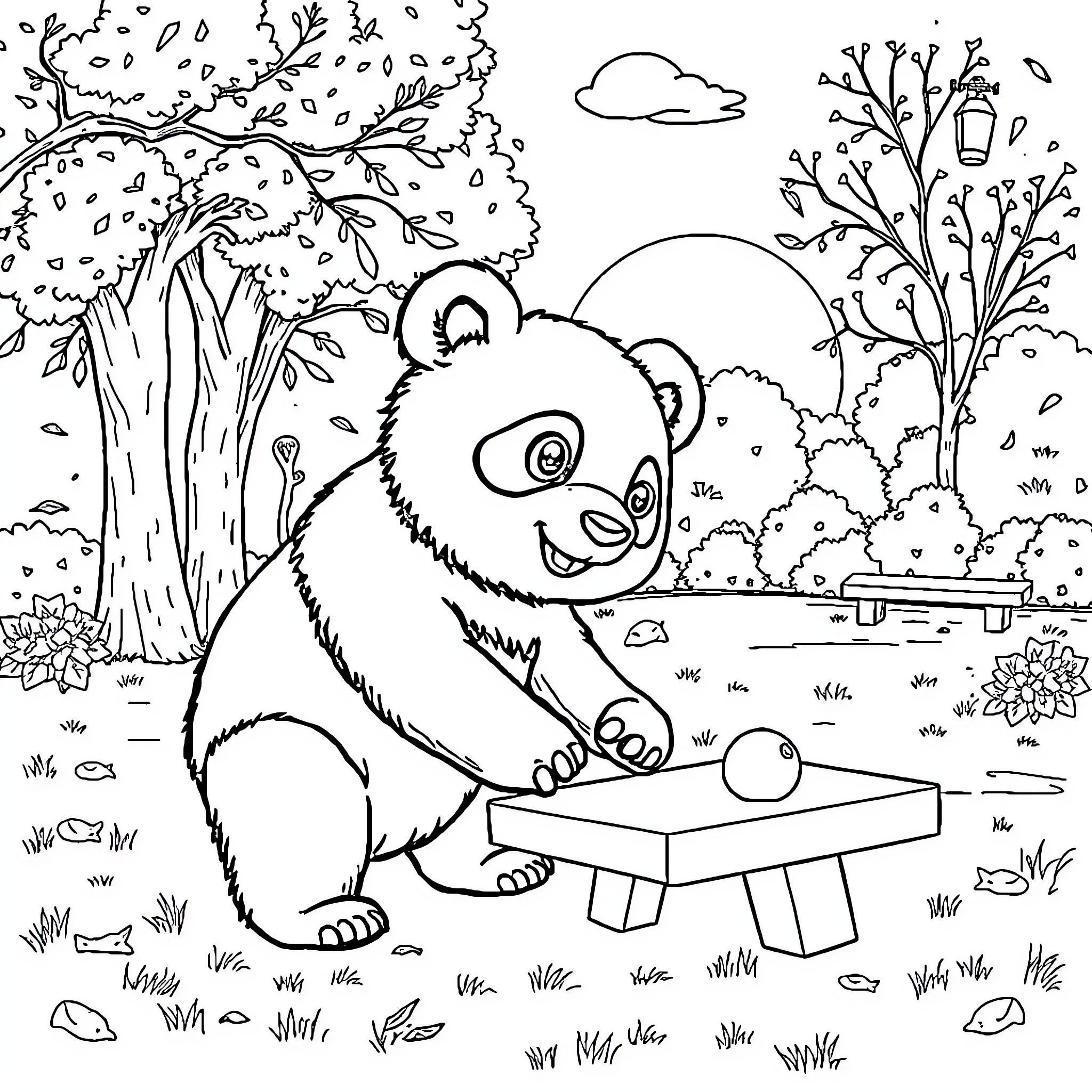 Panda playing joyfully in autumn park Coloring Page (free black-and-white line drawing printable PDF for all, from beginners to advanced learners, including children, teens, adults, and seniors)