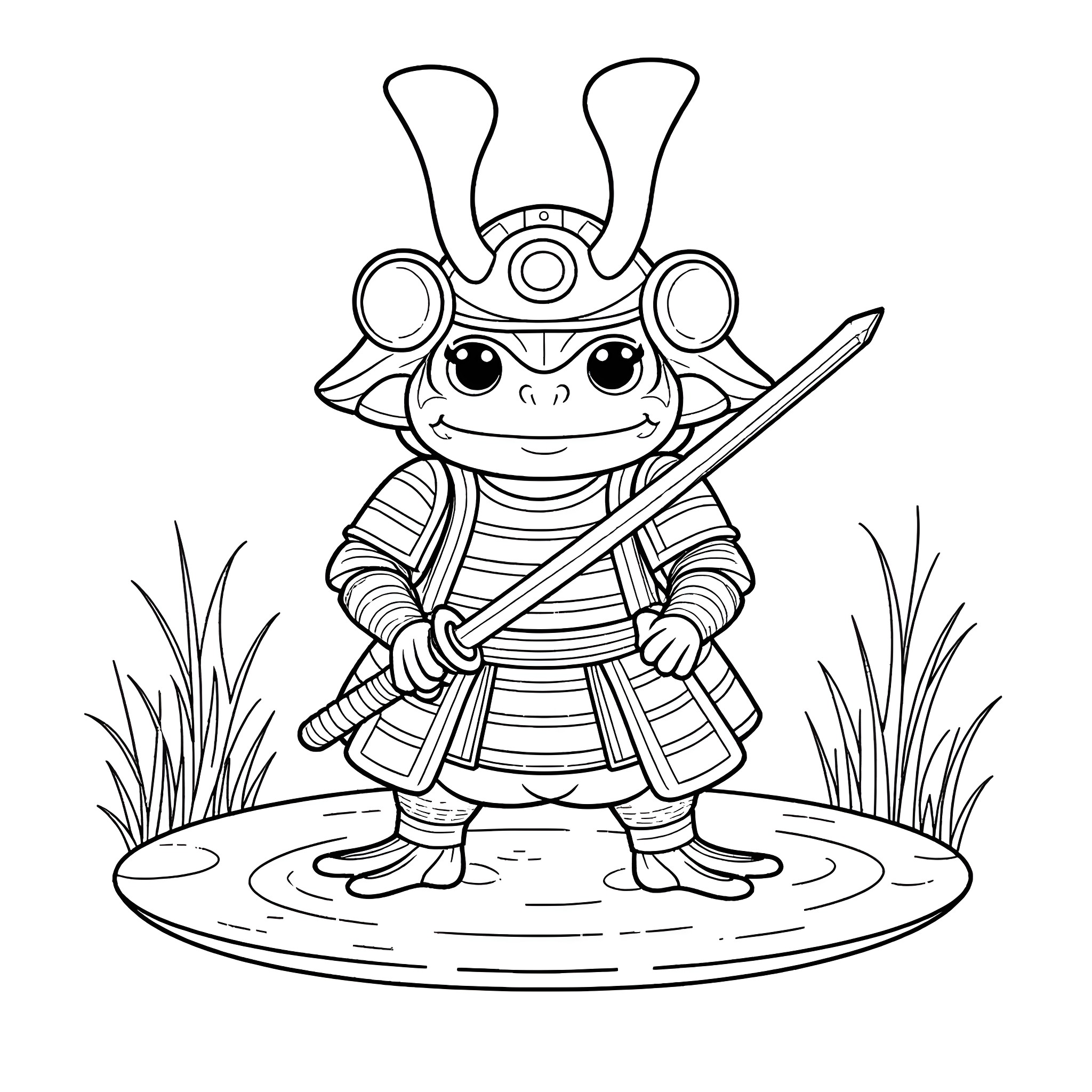 Frog warrior standing in the grass Coloring Page (free black-and-white line drawing printable PDF for all, from beginners to advanced learners, including children, teens, adults, and seniors)
