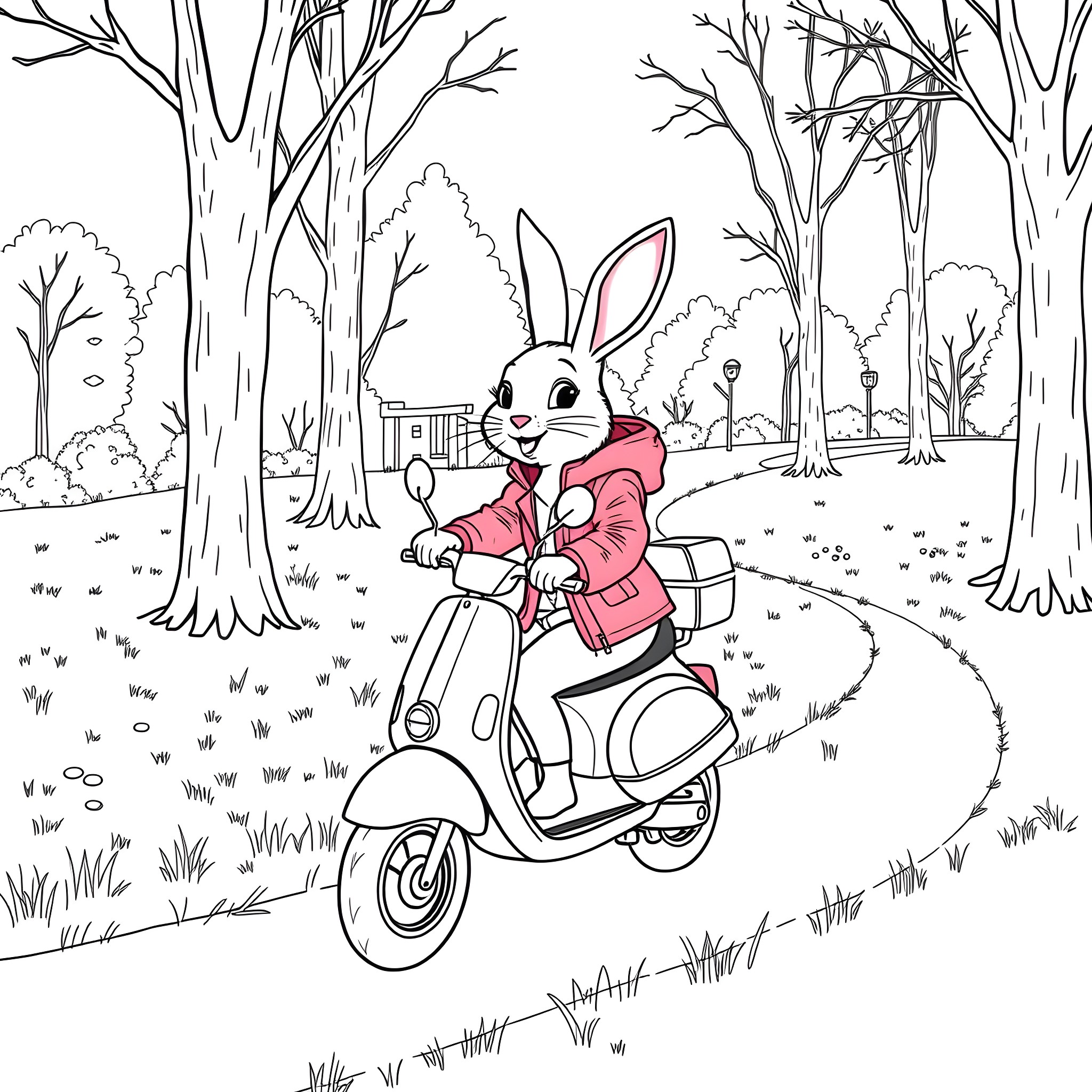 Rabbit riding a scooter in the forest Coloring Page (free black-and-white line drawing printable PDF for all, from beginners to advanced learners, including children, teens, adults, and seniors)