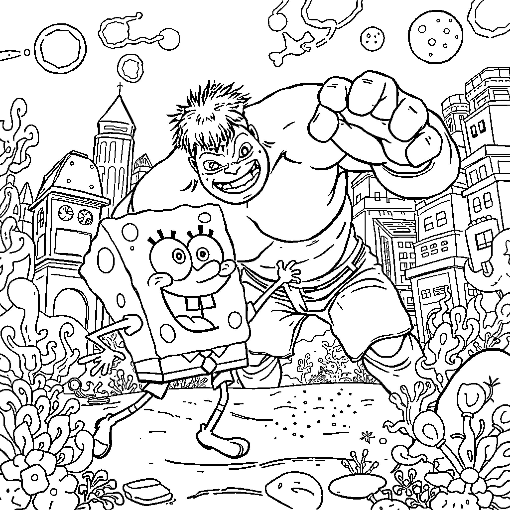 Spongebob and Hulk Smash through Bikini Bottom Coloring Page (free black-and-white line drawing printable PDF for all, from beginners to advanced learners, including children, teens, adults, and seniors)