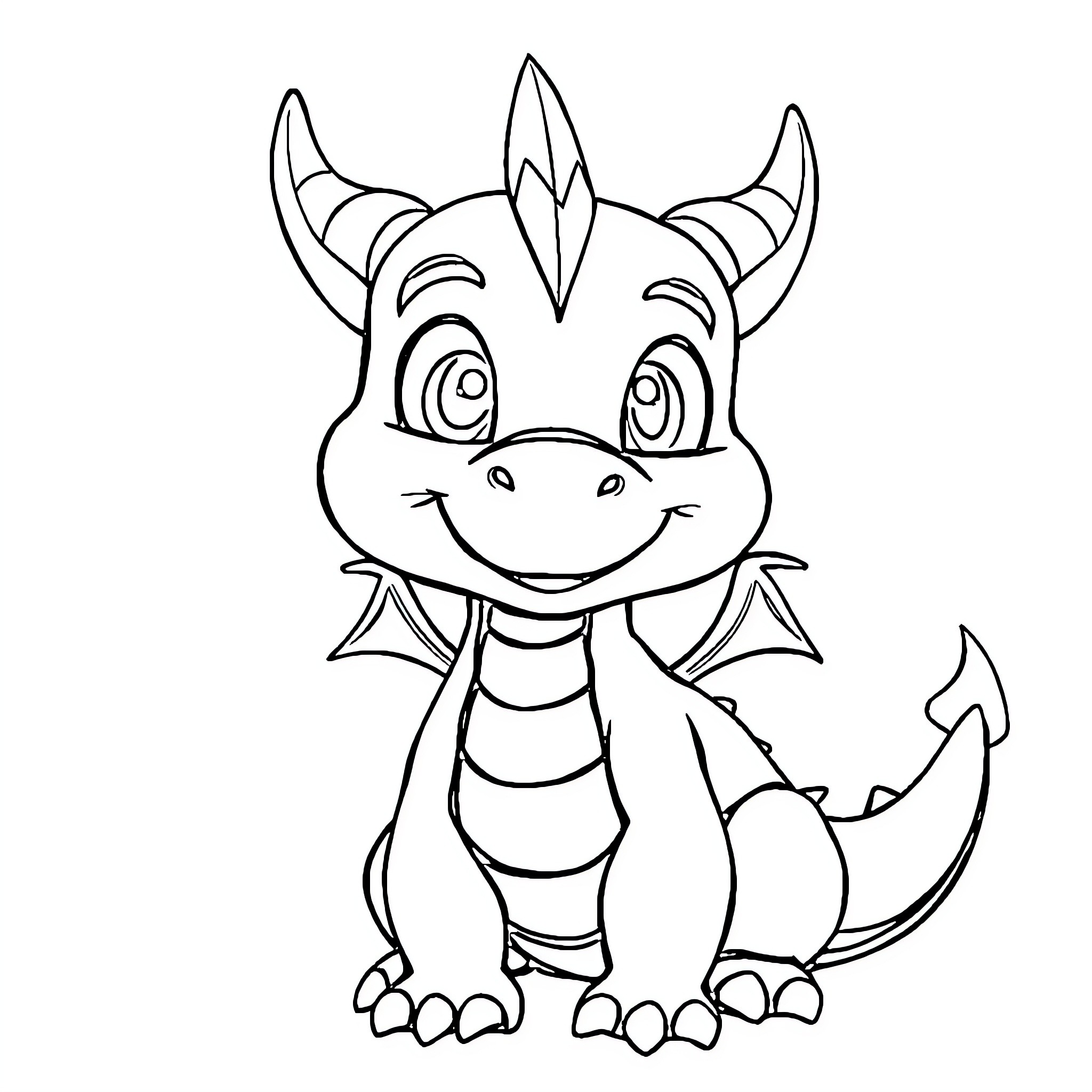 Dragon with a happy expression Coloring Page (free black-and-white line drawing printable PDF for all, from beginners to advanced learners, including children, teens, adults, and seniors)