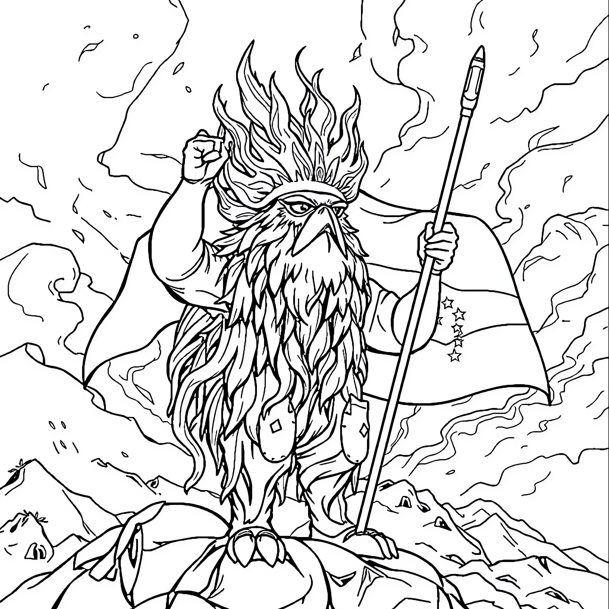 Lojo, the Powerful Wizard Conjuring Magical Flames Coloring Page (free black-and-white line drawing printable PDF for all, from beginners to advanced learners, including children, teens, adults, and seniors)