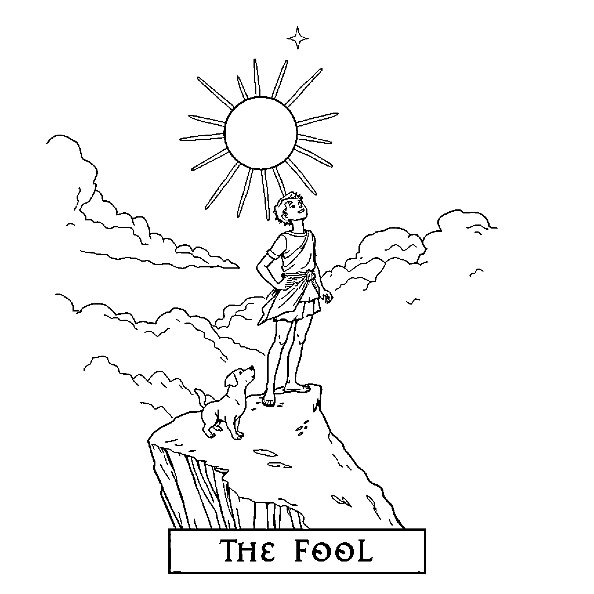 Fool Stands Atop Cliff with Loyal Companion Coloring Page (free black-and-white line drawing printable PDF for all, from beginners to advanced learners, including children, teens, adults, and seniors)