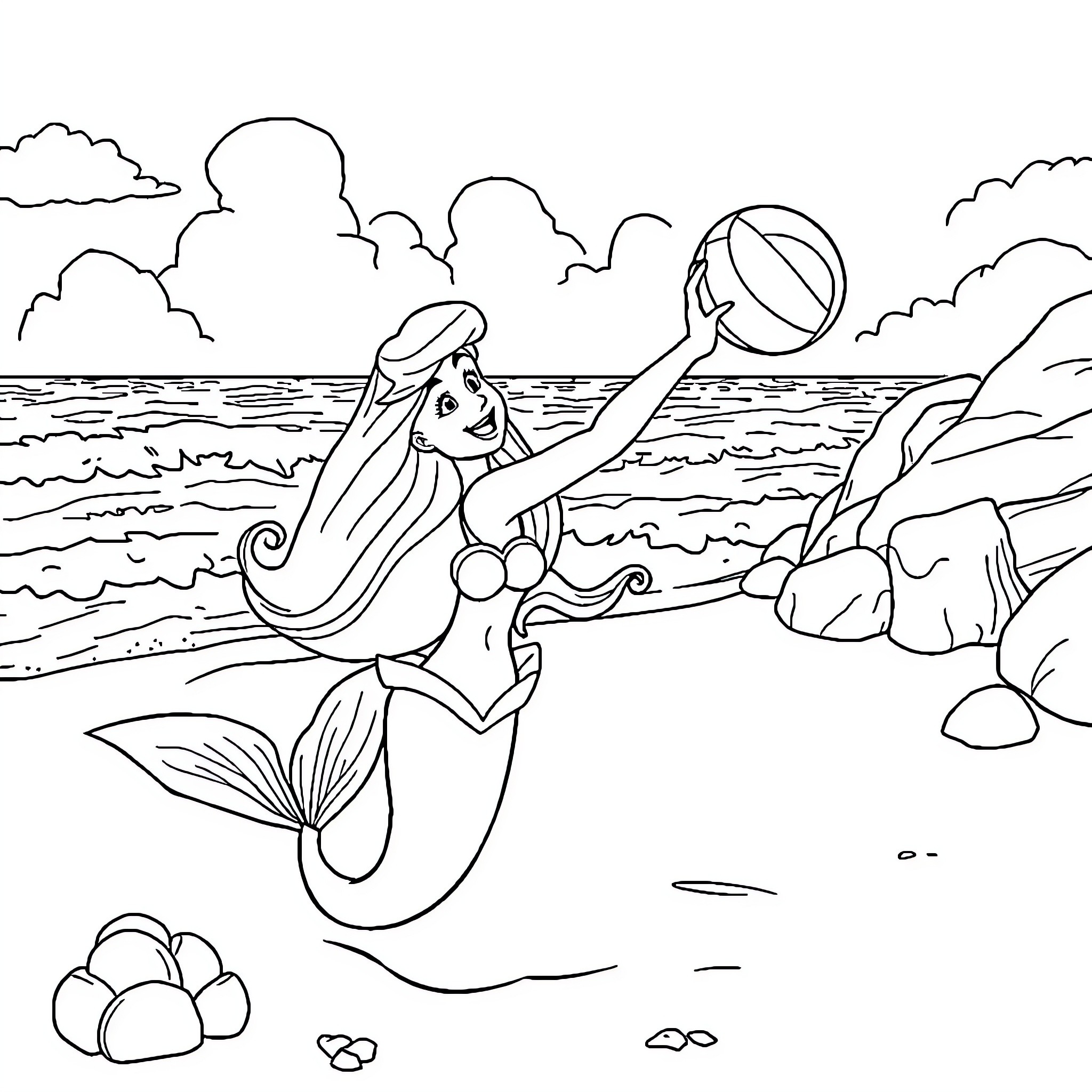 Ariel exploring the enchanting underwater world Coloring Page (free black-and-white line drawing printable PDF for all, from beginners to advanced learners, including children, teens, adults, and seniors)