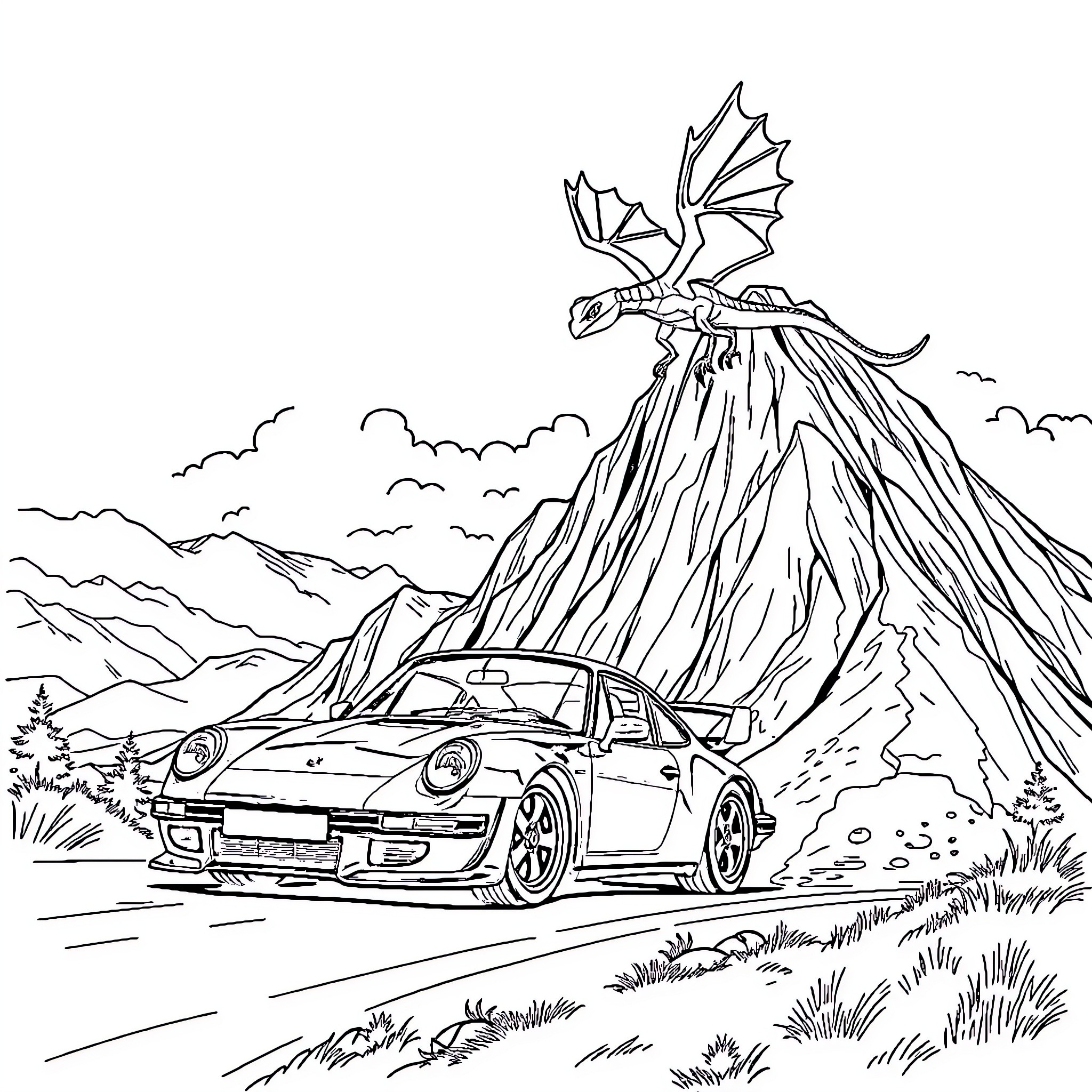 Porsche racing through a fantastical landscape Coloring Page (free black-and-white line drawing printable PDF for all, from beginners to advanced learners, including children, teens, adults, and seniors)