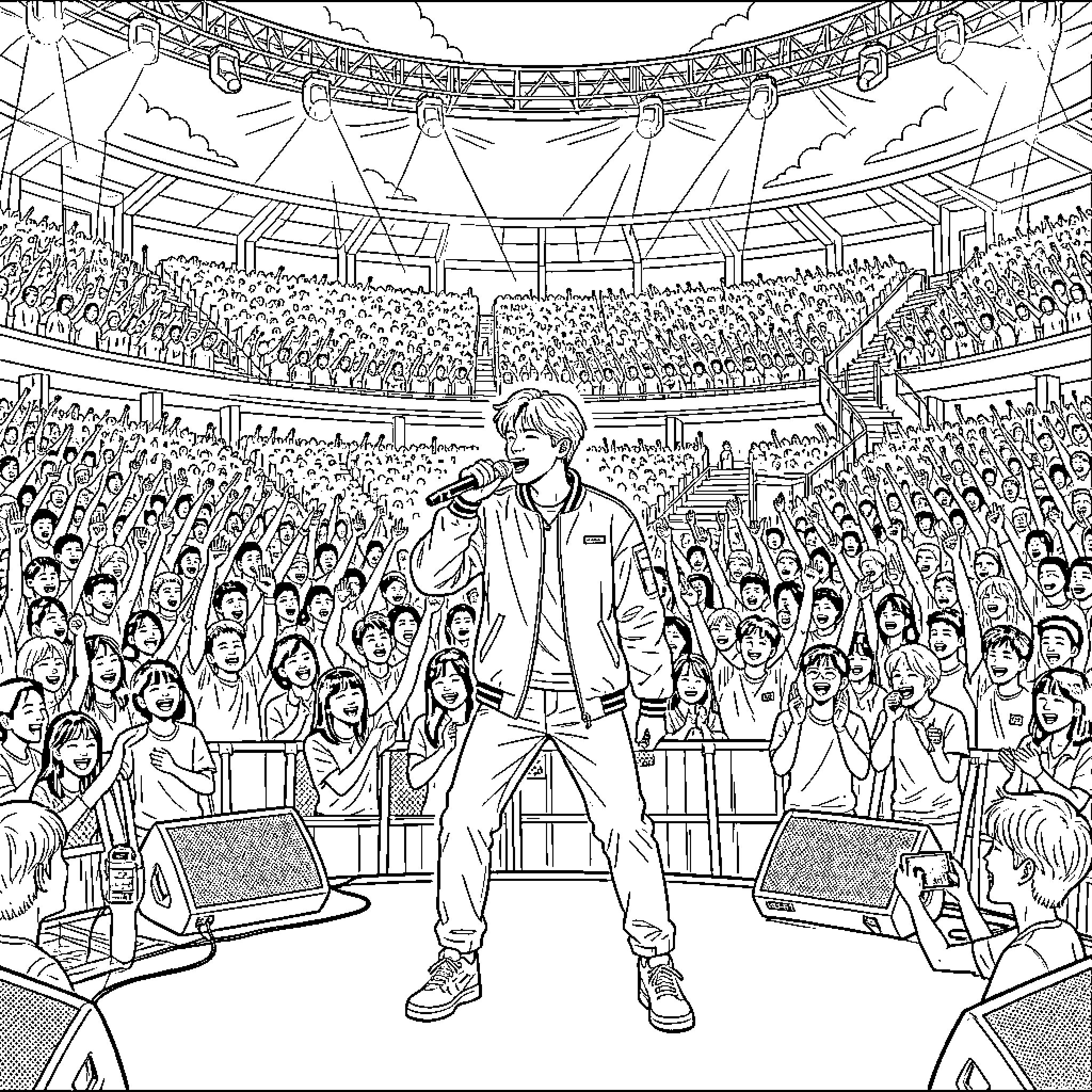 Jimin Performing on Stage for a Lively Crowd Coloring Page (free black-and-white line drawing printable PDF for all, from beginners to advanced learners, including children, teens, adults, and seniors)
