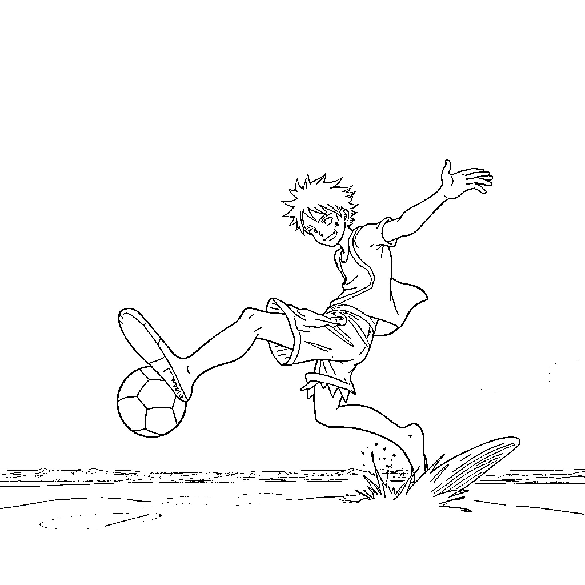 Luffy's Energetic Soccer Kick on the Beach Coloring Page (free black-and-white line drawing printable PDF for all, from beginners to advanced learners, including children, teens, adults, and seniors)