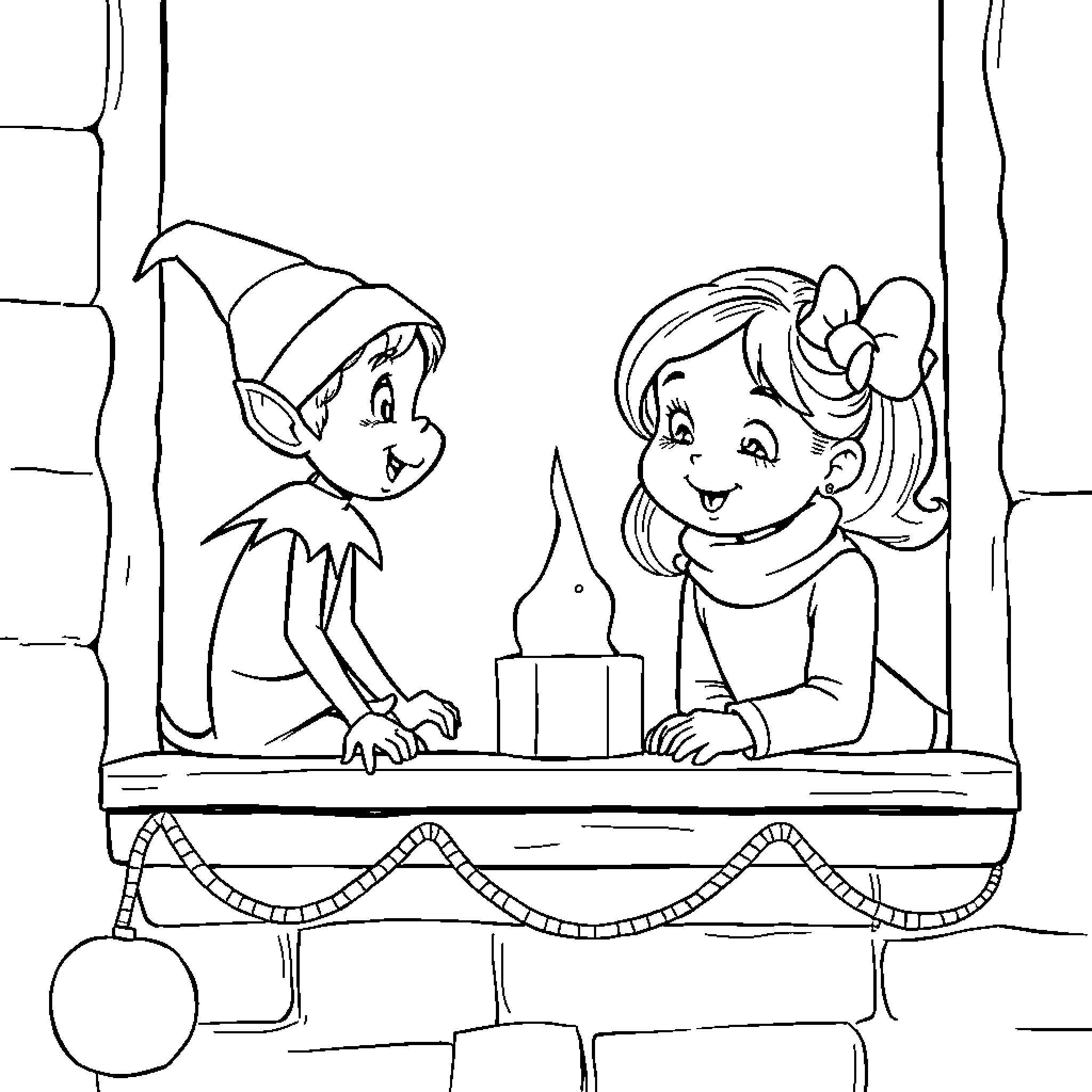 Elf pair sitting by a fireplace Coloring Page (free black-and-white line drawing printable PDF for all, from beginners to advanced learners, including children, teens, adults, and seniors)