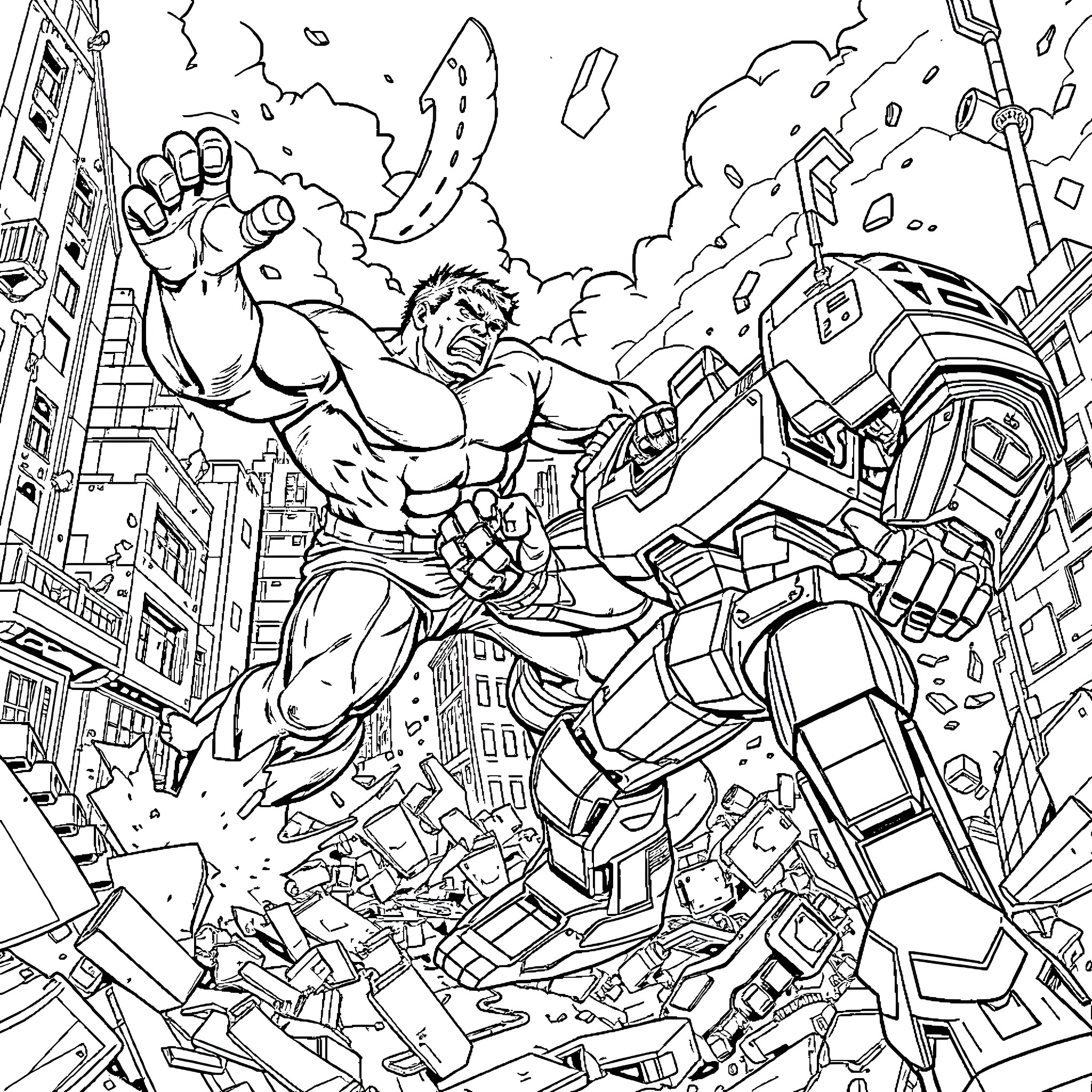 Hulk smashing through the city in an epic battle Coloring Page (free black-and-white line drawing printable PDF for all, from beginners to advanced learners, including children, teens, adults, and seniors)
