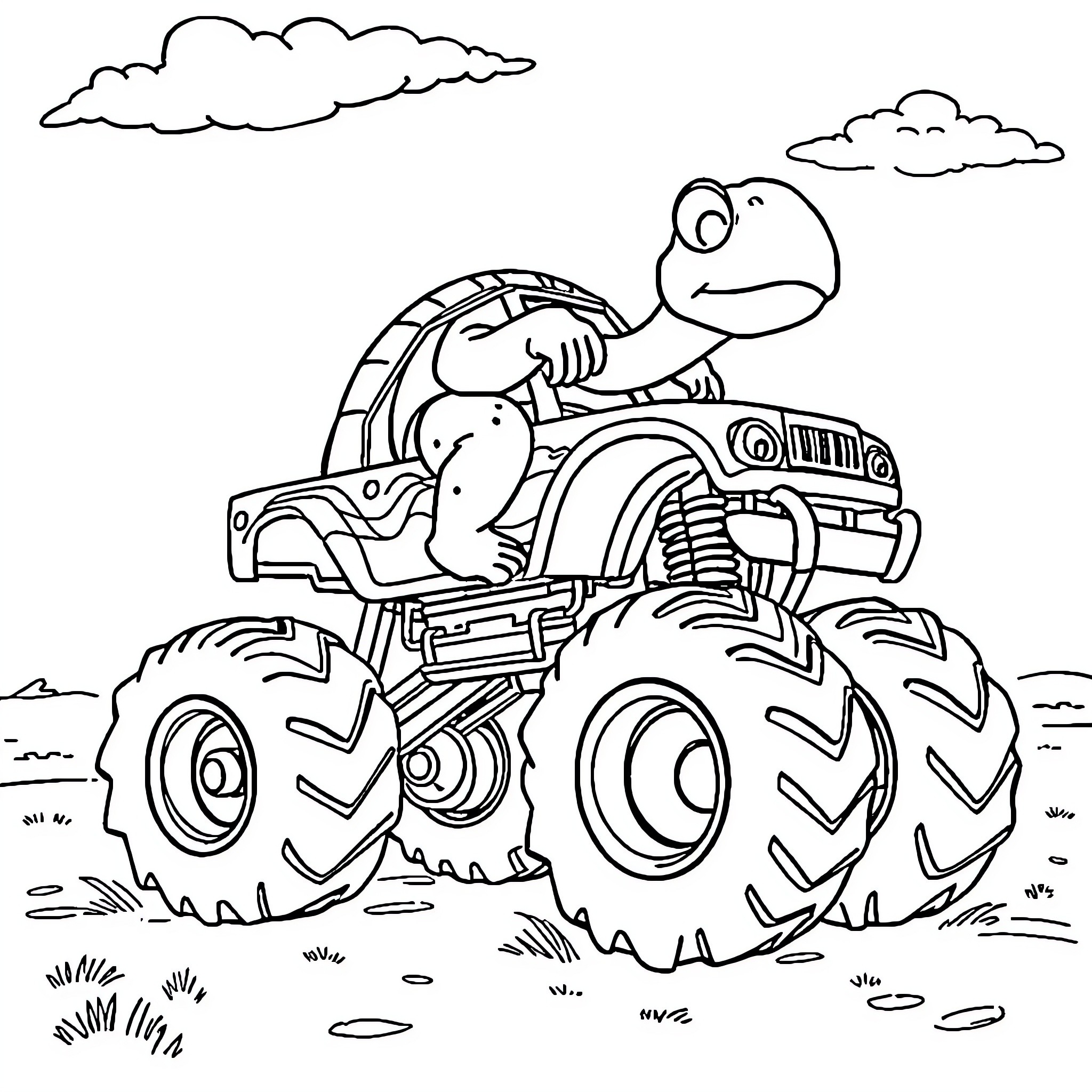 Turtle Monster Truck driving through the countryside Coloring Page (free black-and-white line drawing printable PDF for all, from beginners to advanced learners, including children, teens, adults, and seniors)