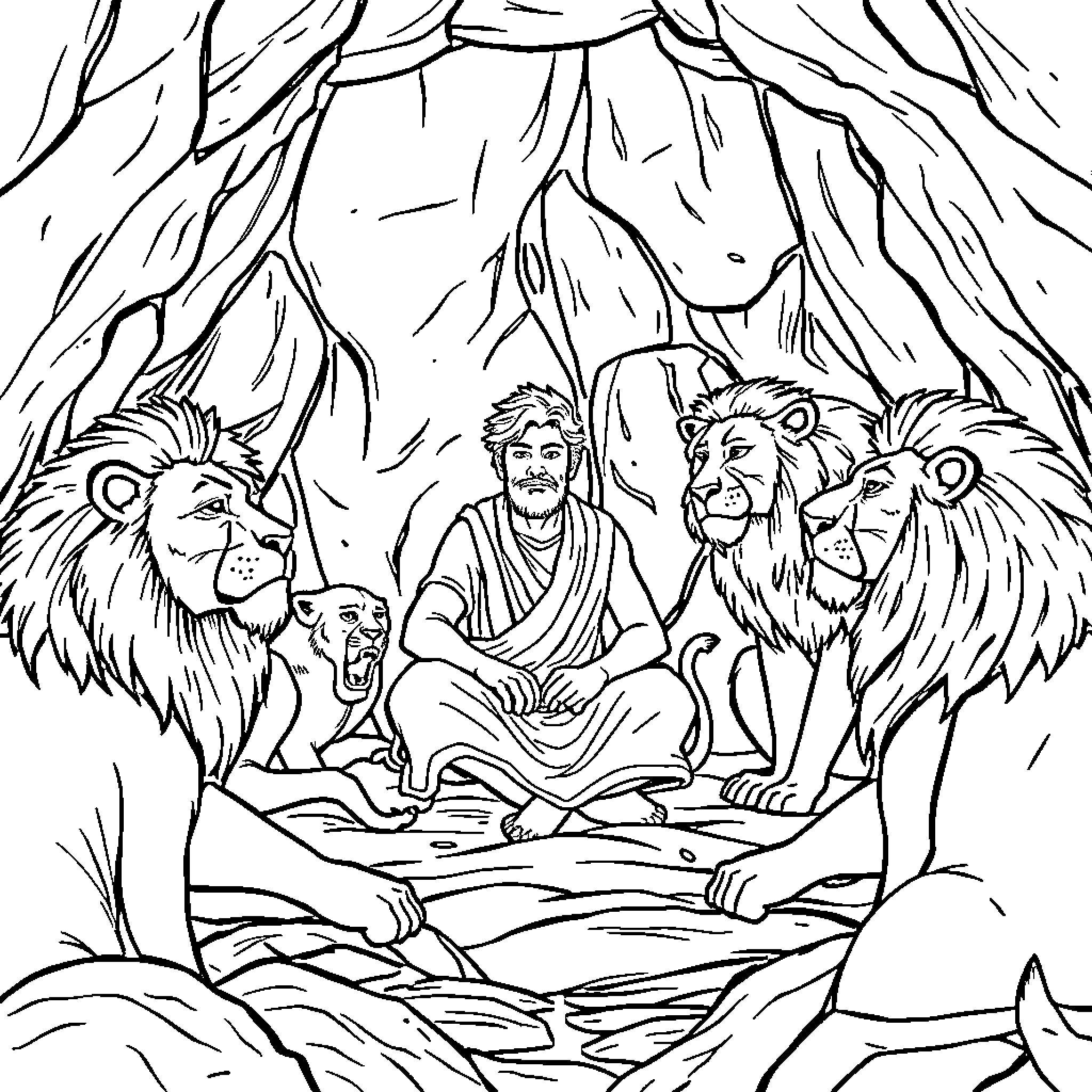 Daniel and the Lions in the Den Coloring Page (free black-and-white line drawing printable PDF for all, from beginners to advanced learners, including children, teens, adults, and seniors)